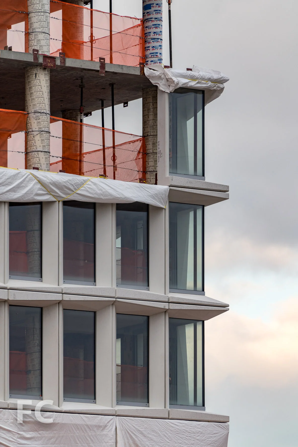 Closeup of the facade panels at the southeast corner.