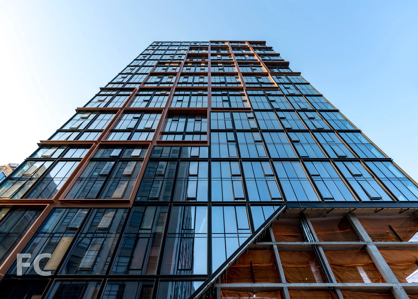 Looking up at the north facade of Quay Tower.