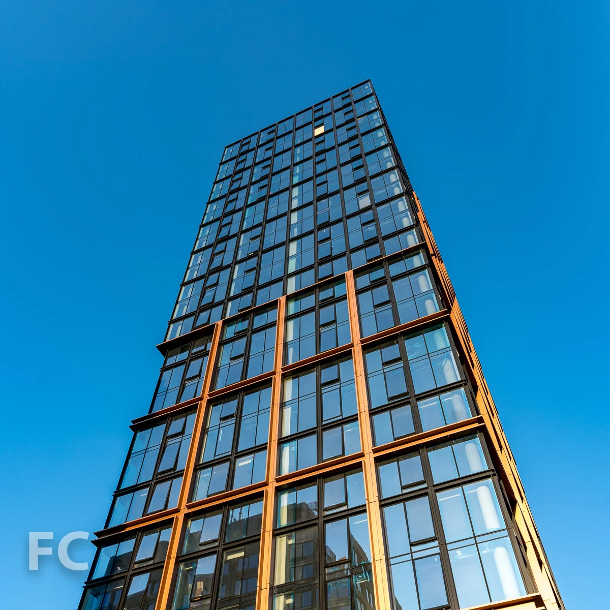 Looking up at the east facade of Quay Tower.