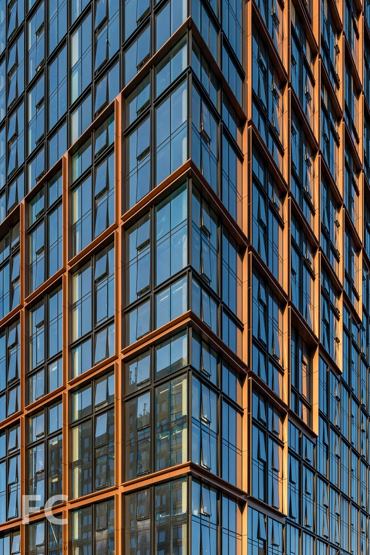 Closeup of the curtain wall at the northeast corner of Quay Tower.
