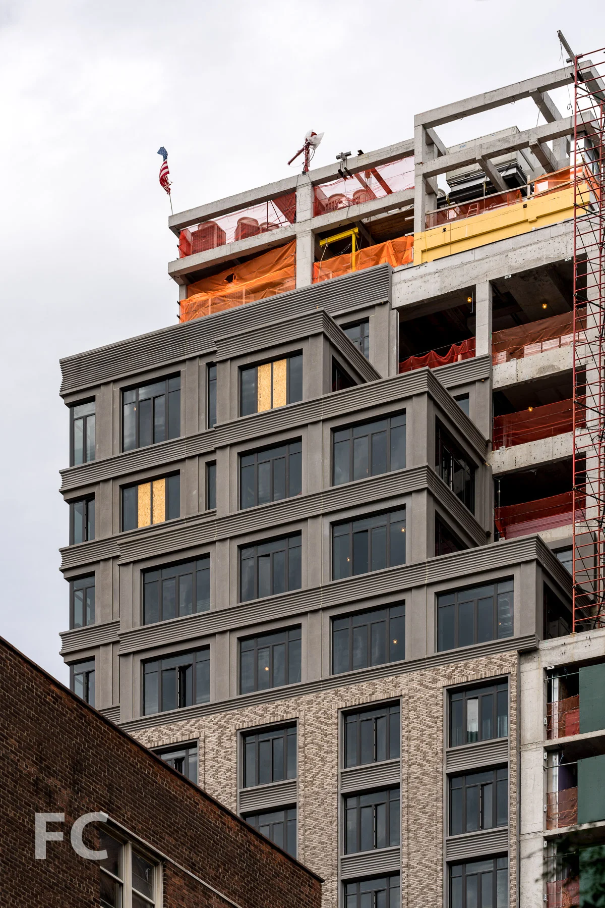 Close-up of the south elevation at the upper floors.