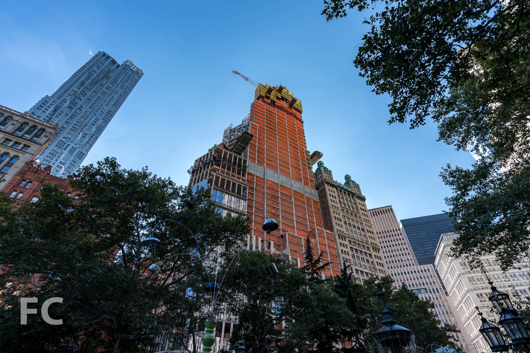 Looking up at the north facade from City Hall Park.