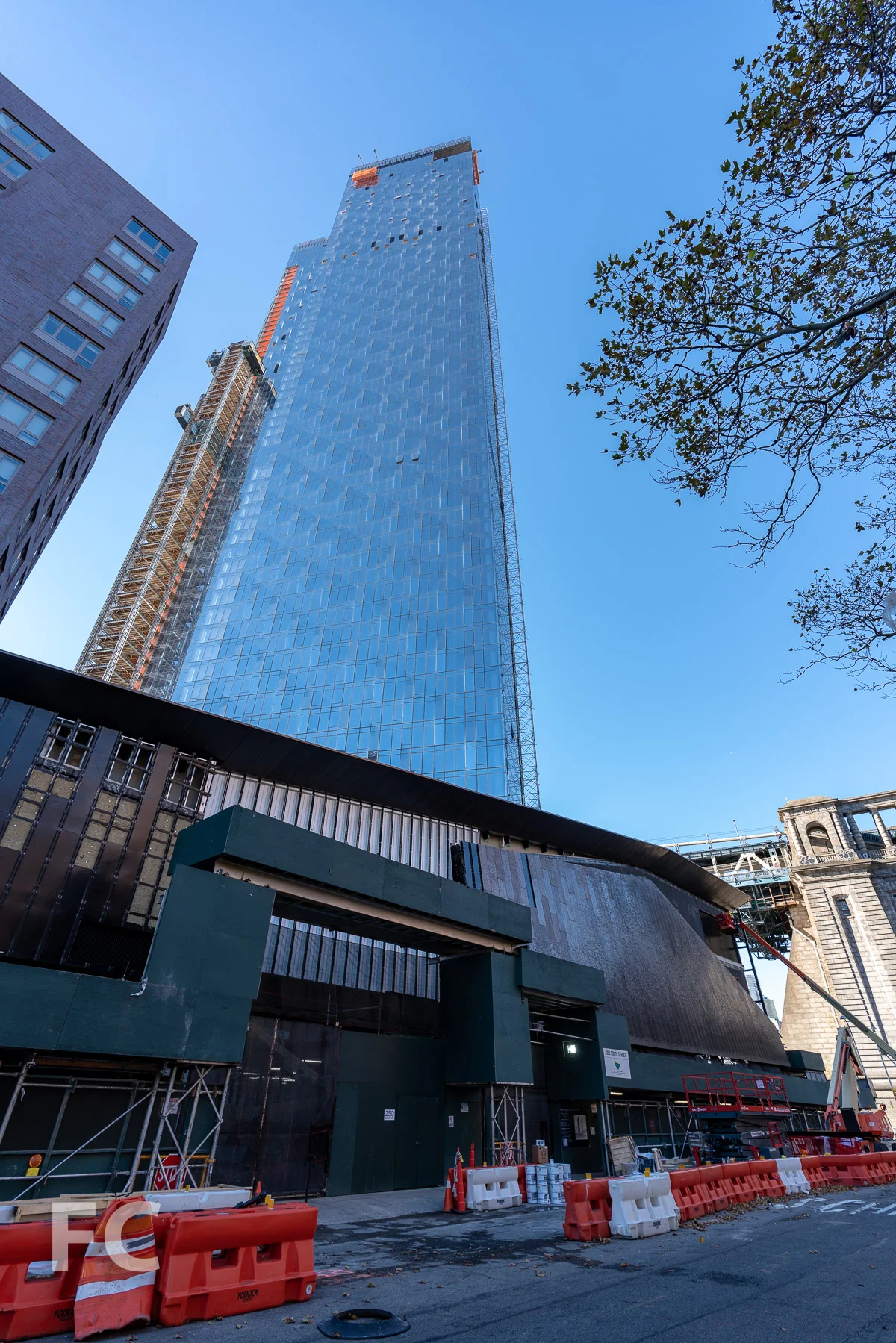 Looking up at the northeast corner of the tower from Cherry Street.