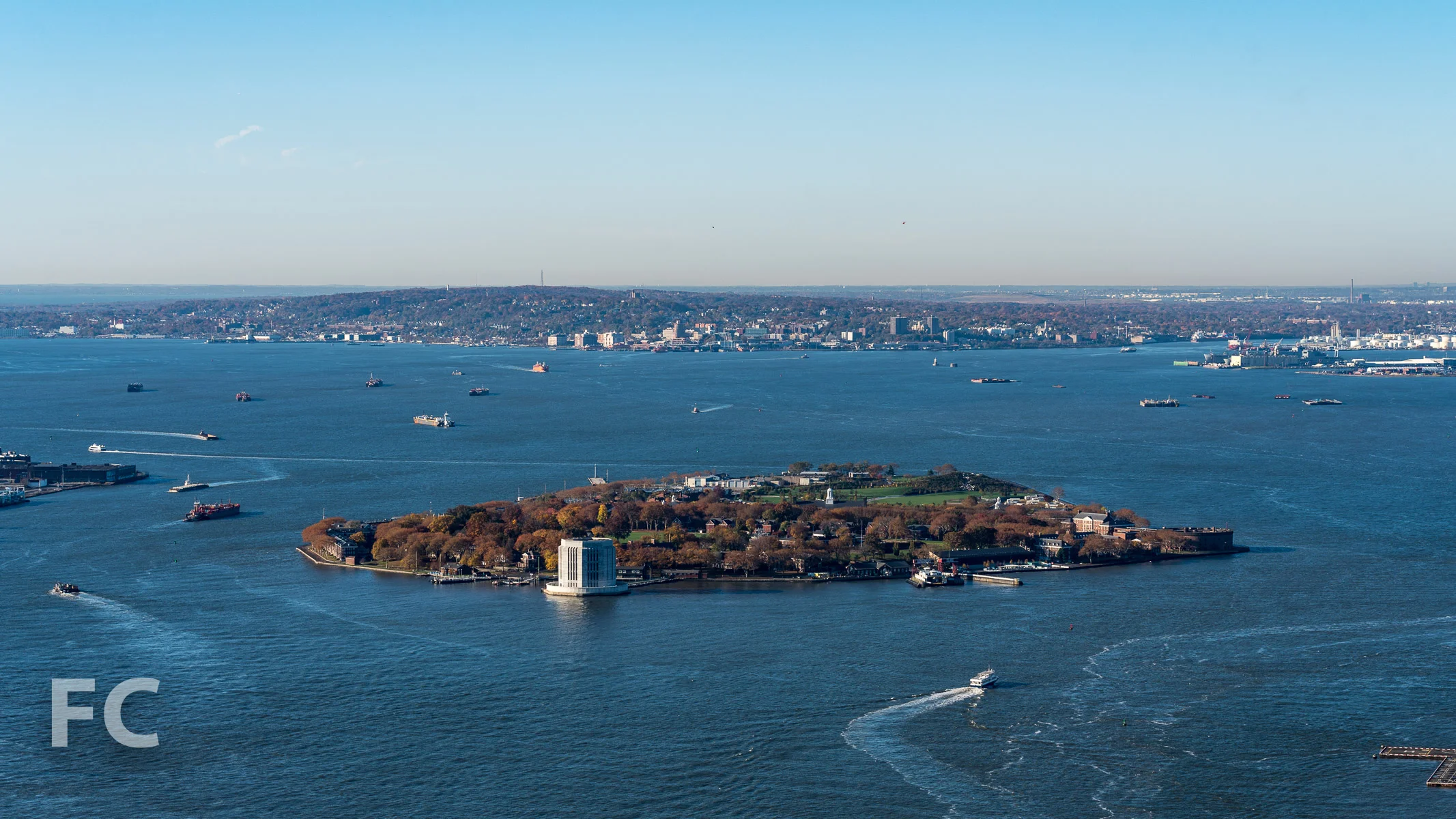 View south towards Governors Island from the rooftop terrace.