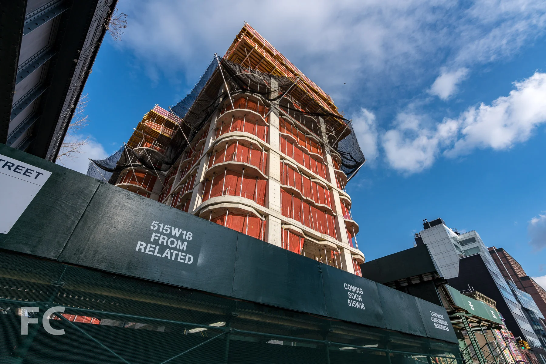Looking up at the south facade from West 18th Street.