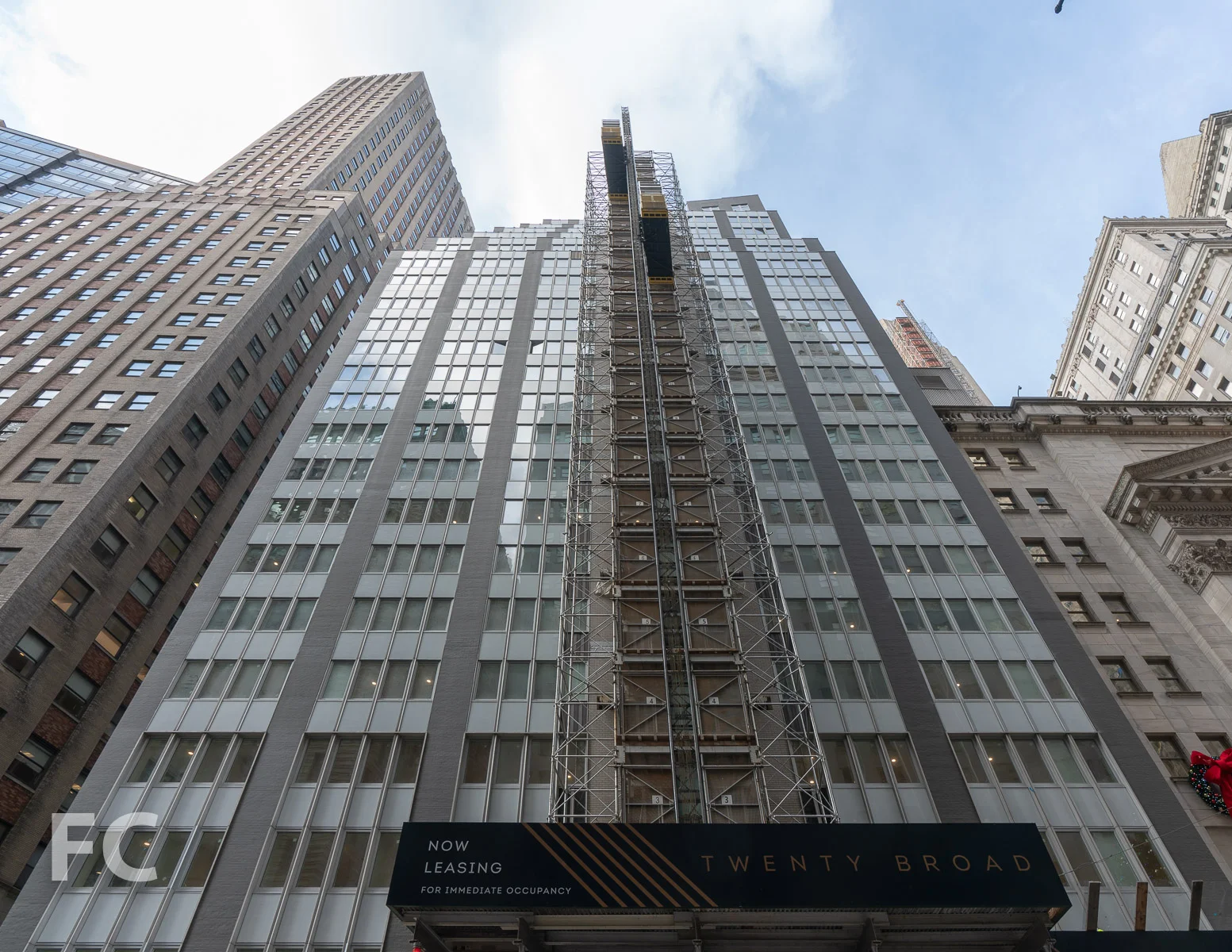 Looking up at the east facade.