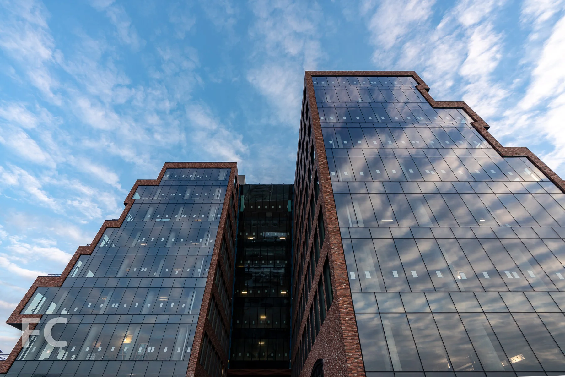 Looking up at the west facade.
