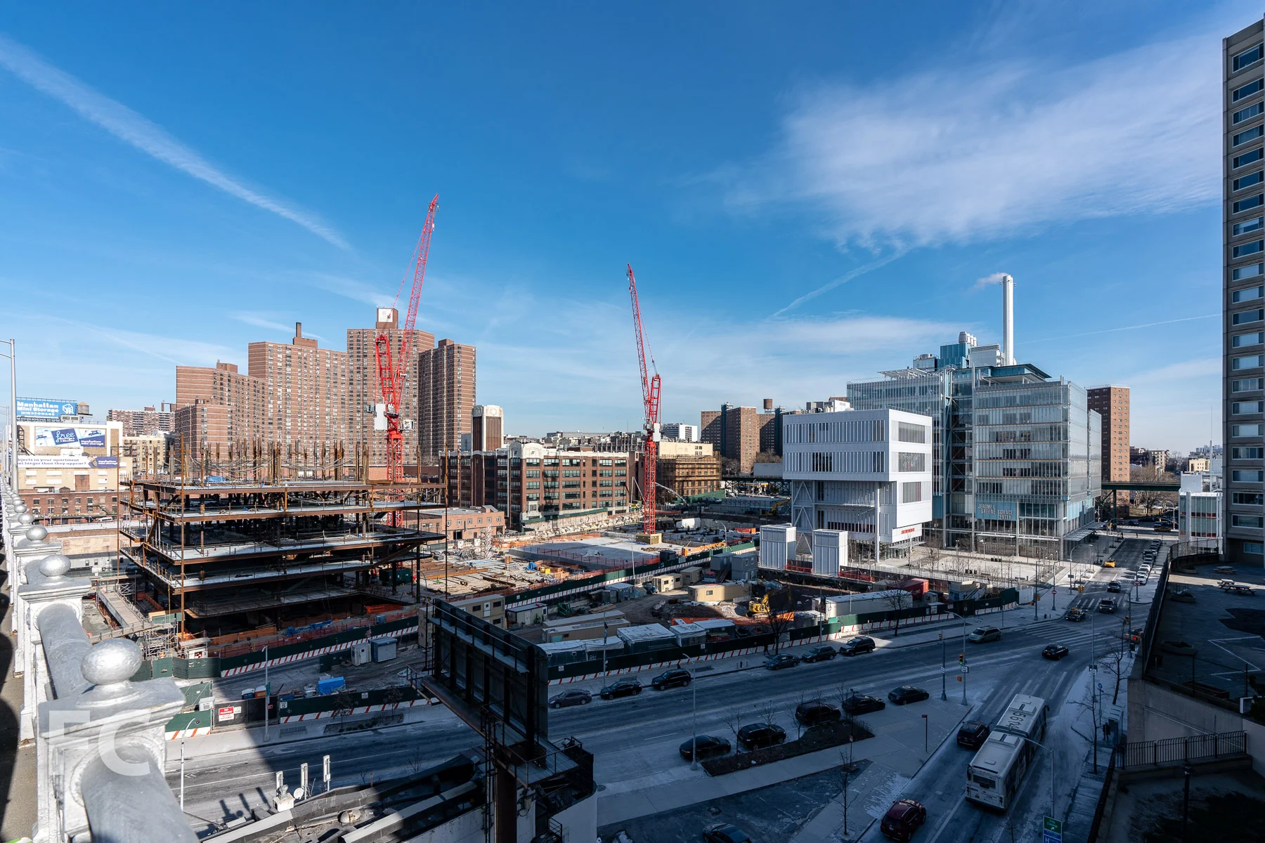 Looking northeast towards the Manhattanville campus, including the Business School (left), the Lenfest Center for the Arts (right), and the Jerome L. Greene Science Center (far right).