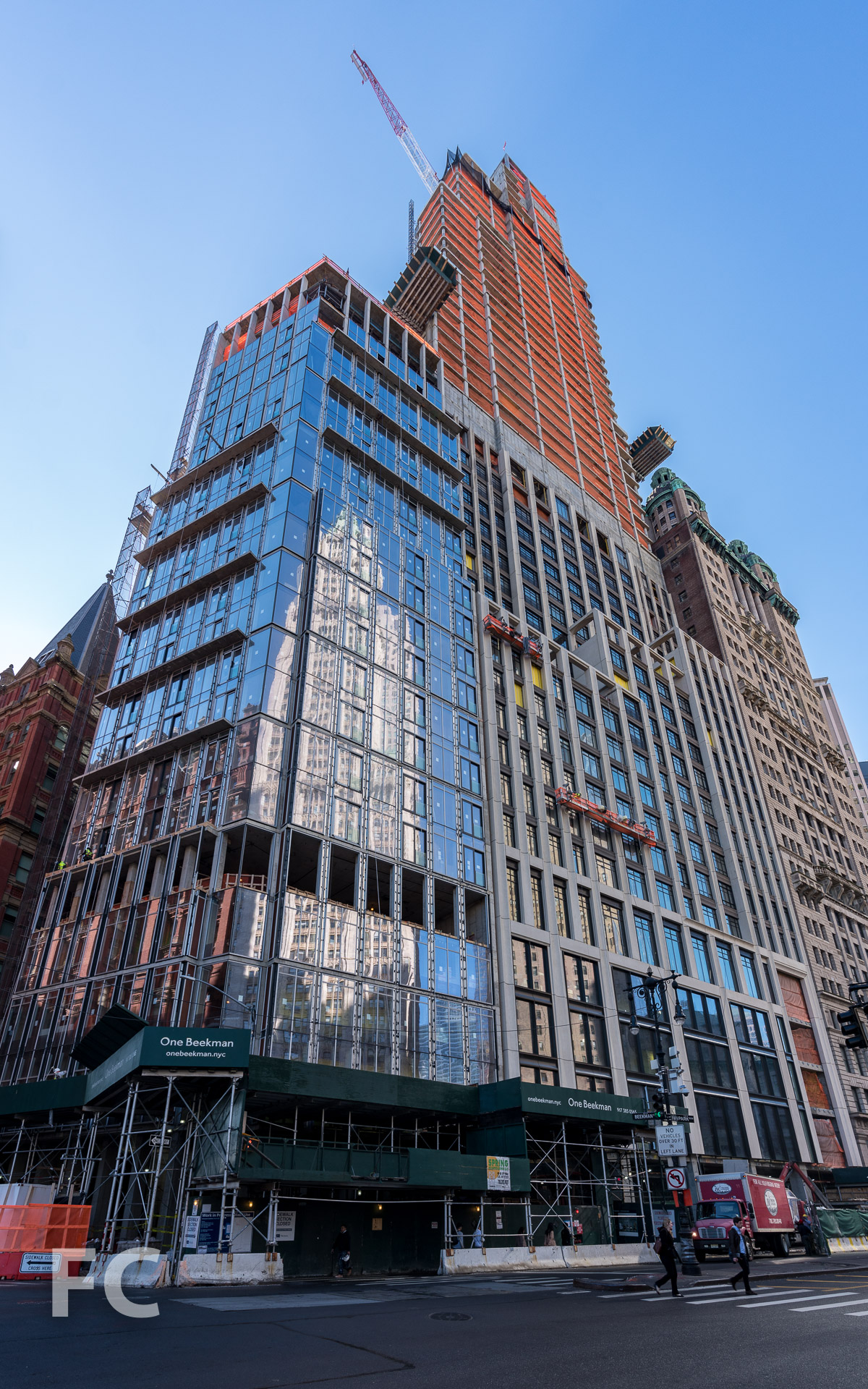 Looking up at the northeast corner of 1 Beekman (left) and 25 Park Row (right).