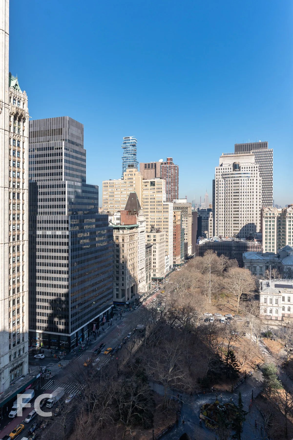View north towards City Hall Park from a private loggia.