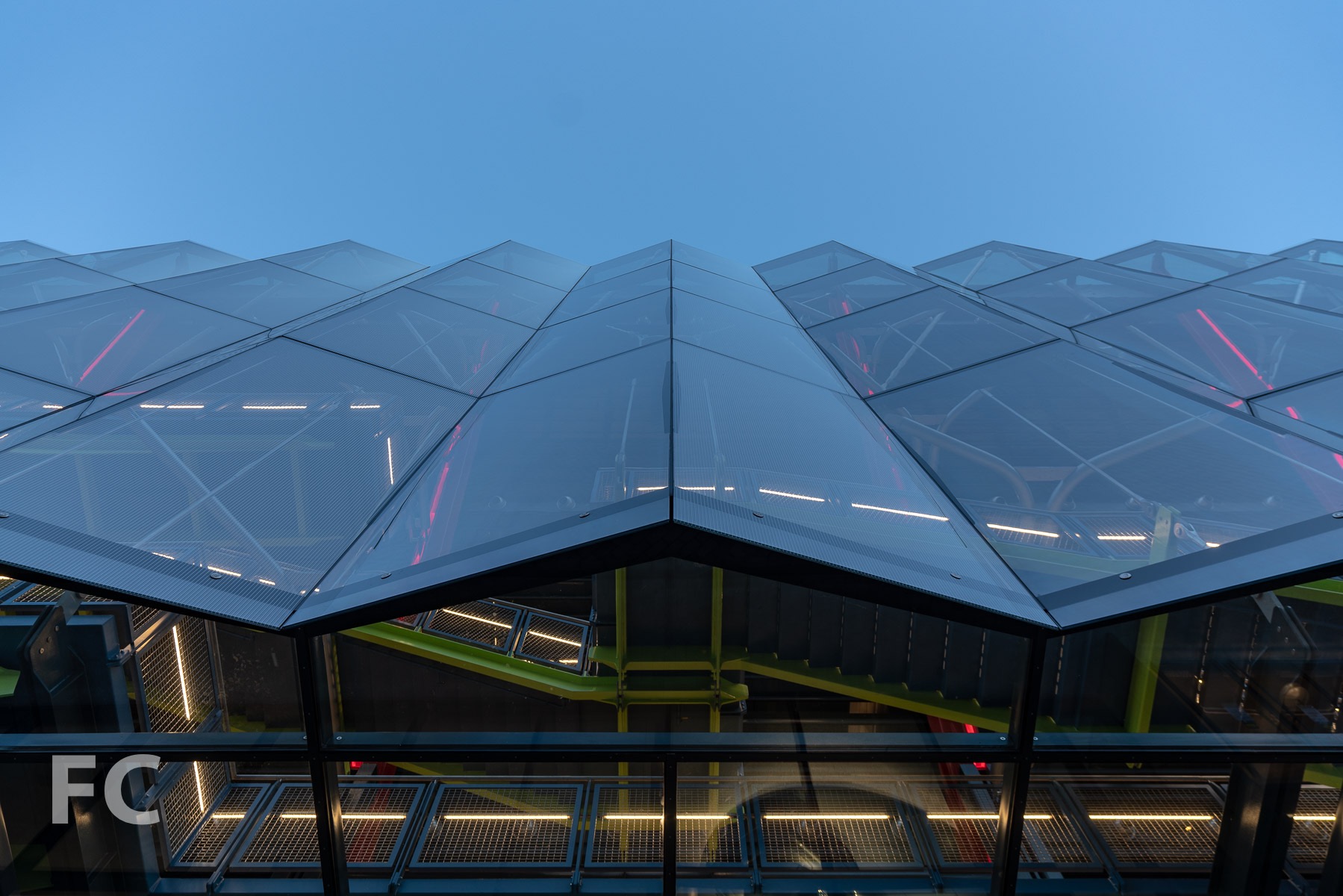 Looking up at the west facade.