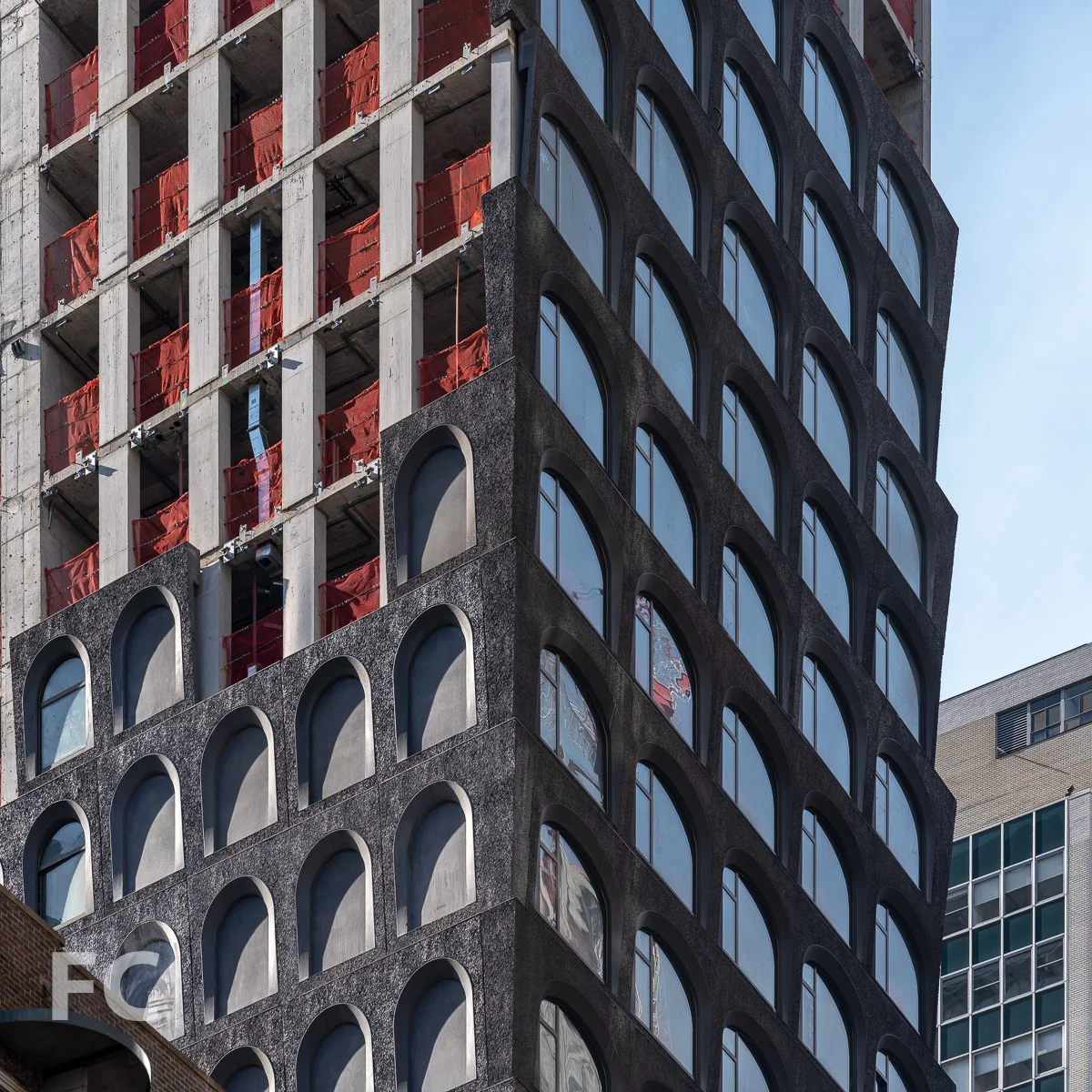 Closeup of the facade panels on the northeast corner.