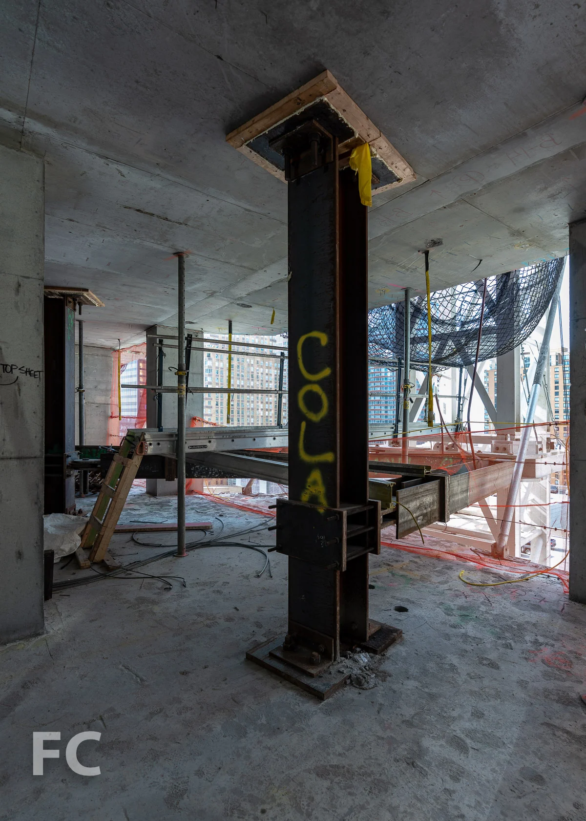 Tower crane support at a lower tower floor.