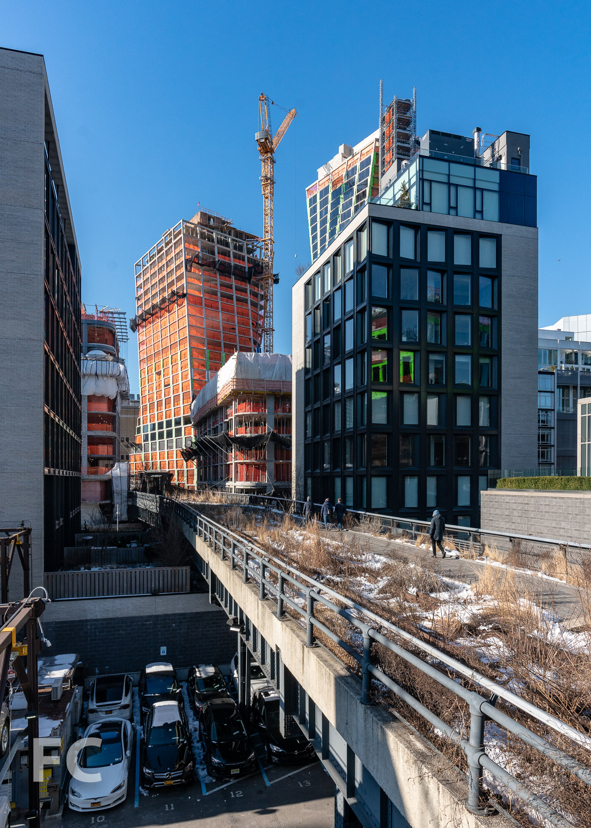 View of the east tower rising above the High Line.