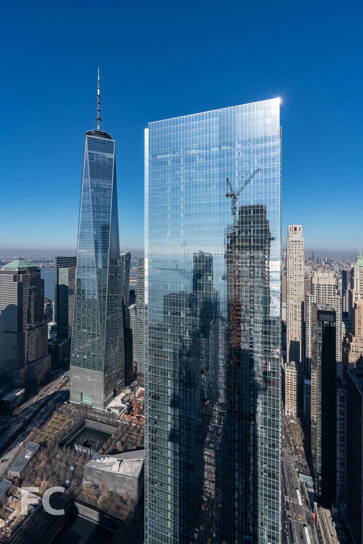 View north towards the World Trade Center from an upper floor of the tower.