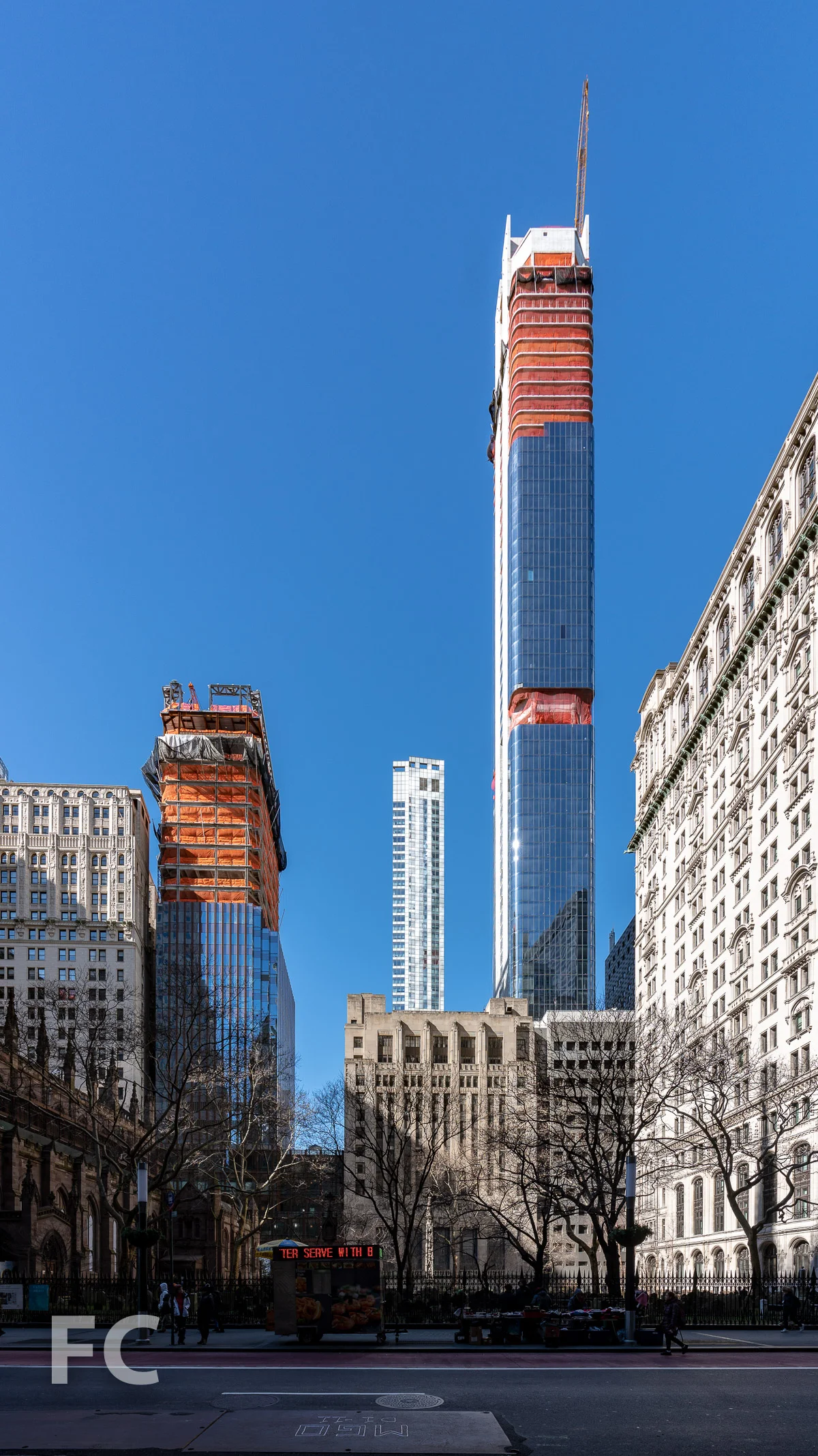 East facade of 125 Greenwich (right) and 76 Trinity Place (left) from Broadway.