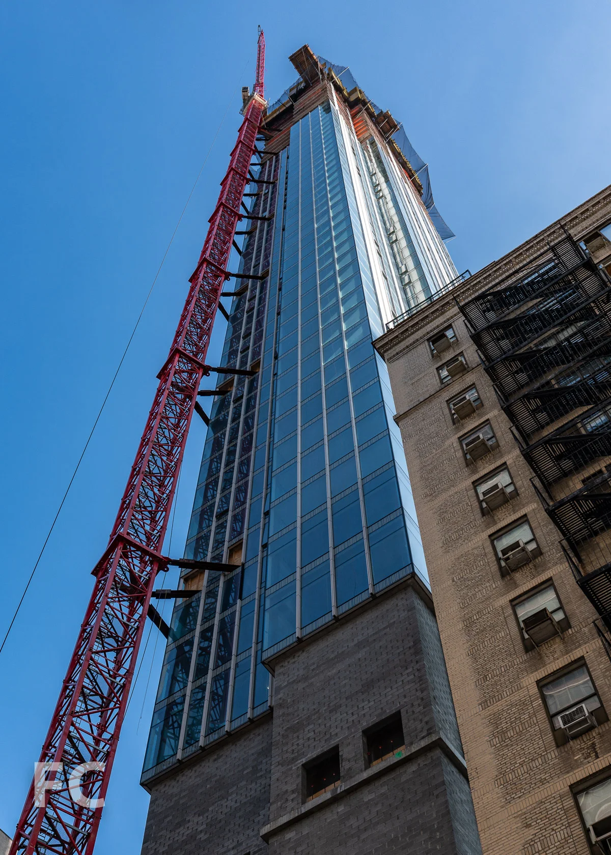 Looking up at the south facade from East 30th Street.