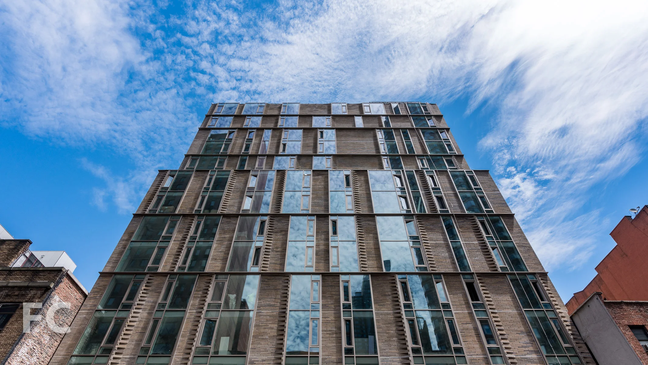 Looking up at the West 43rd Street facade.