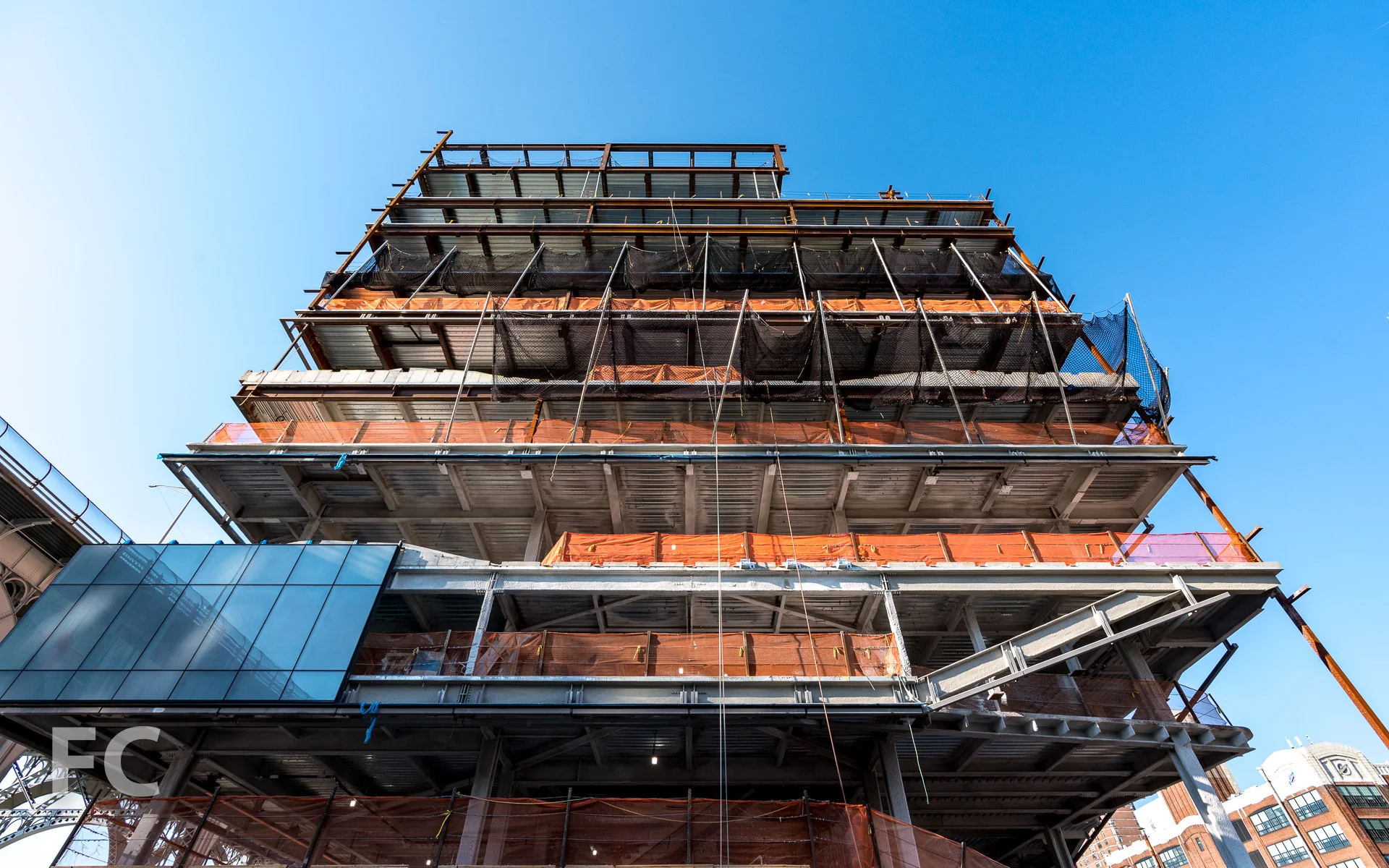 Looking up at the south facade of the west building.