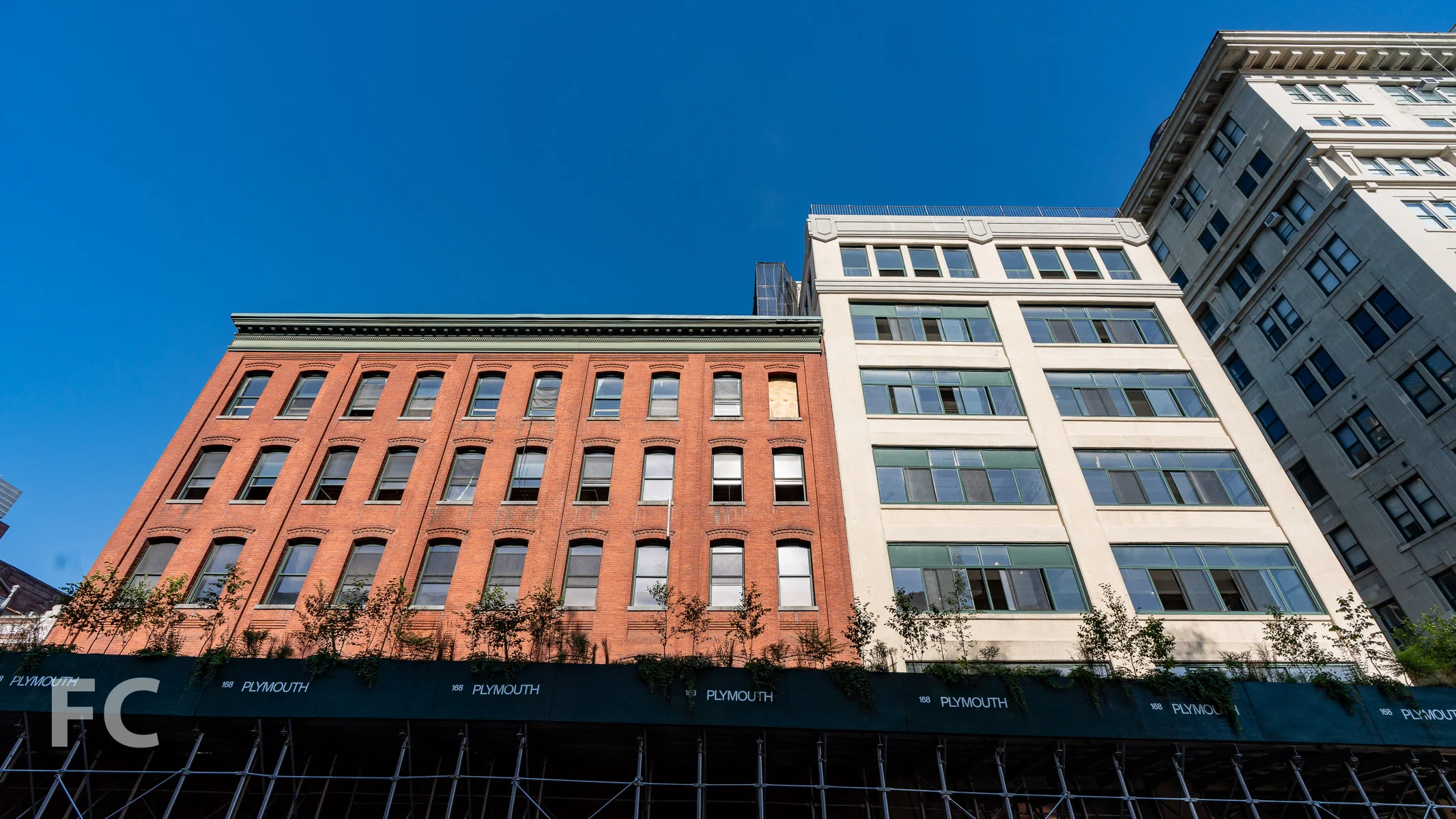 Looking up at the east facade of 50 Jay (left) and 42 Jay (right).