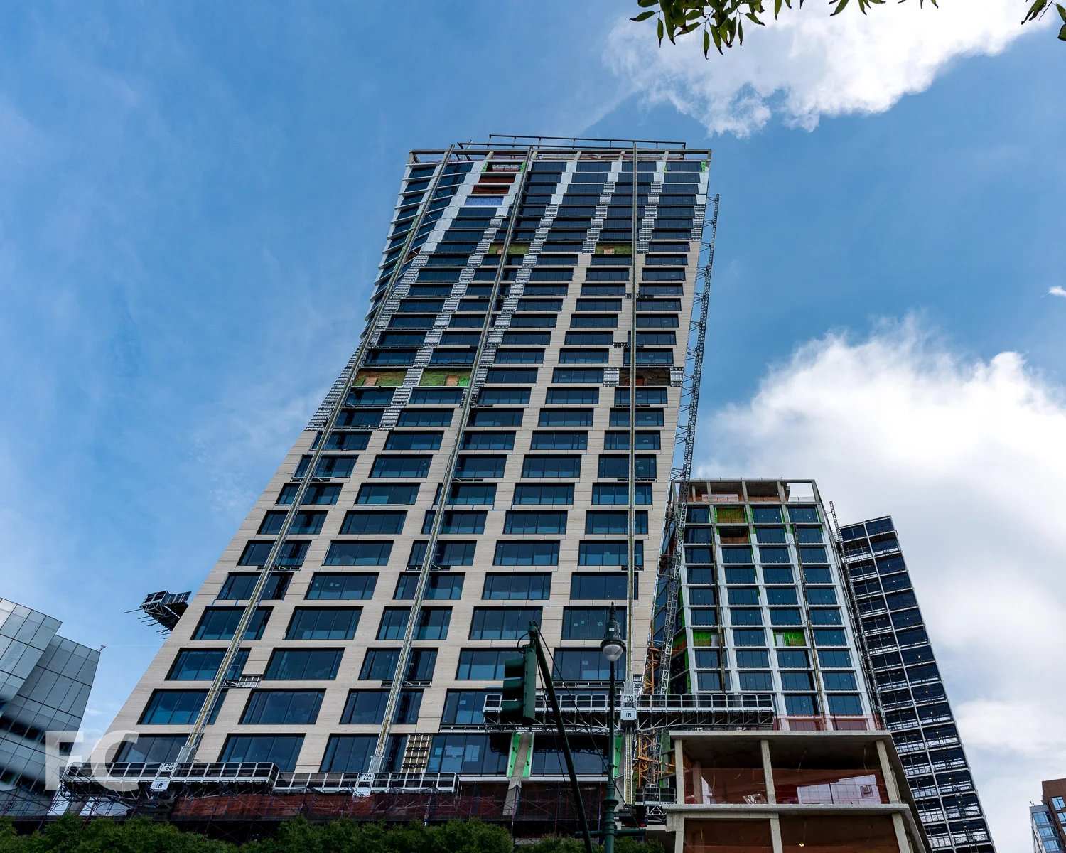 West facade of the west tower (left) and the east tower (right).