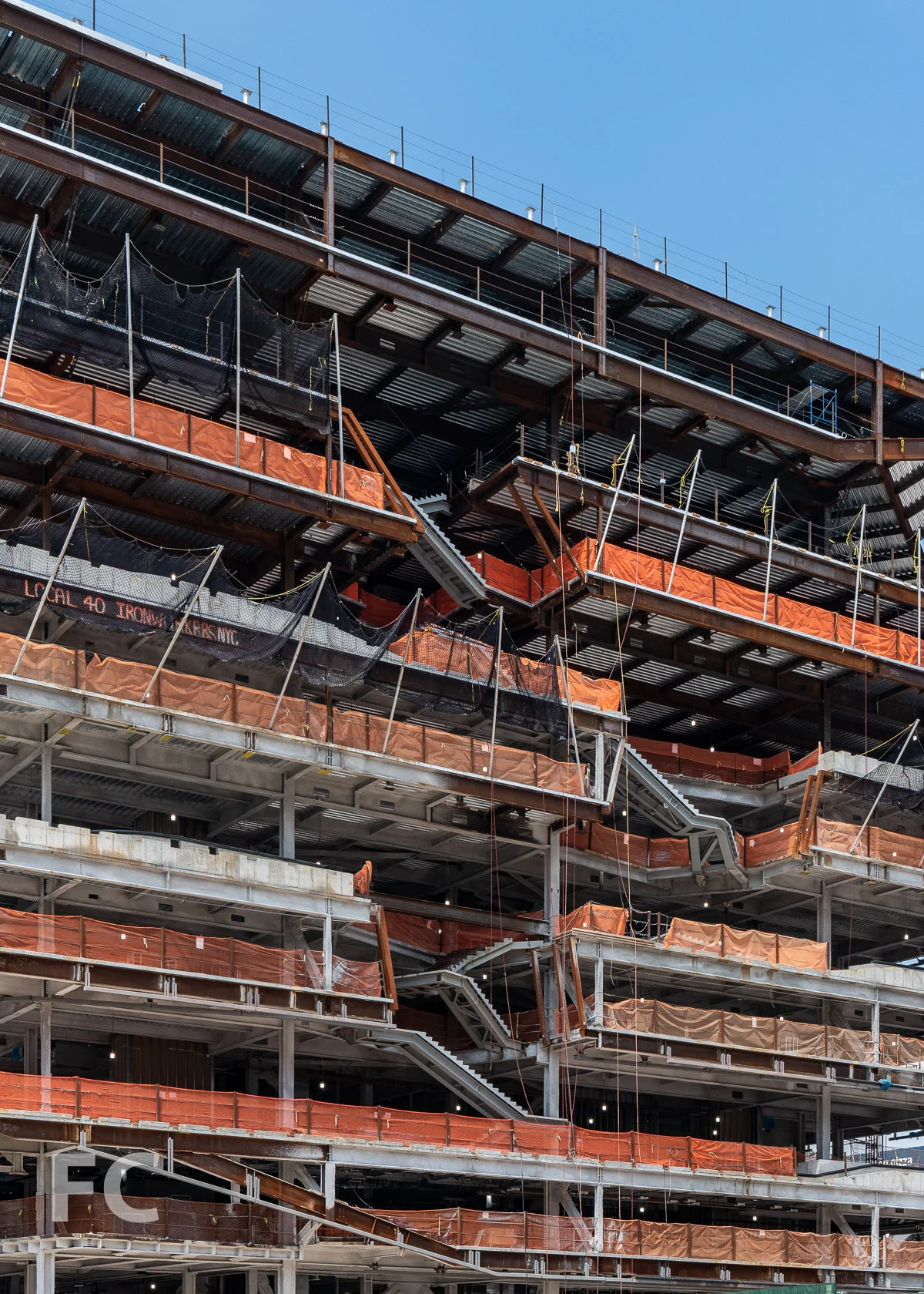Close-up of the circulation spine of the west building’s east facade.