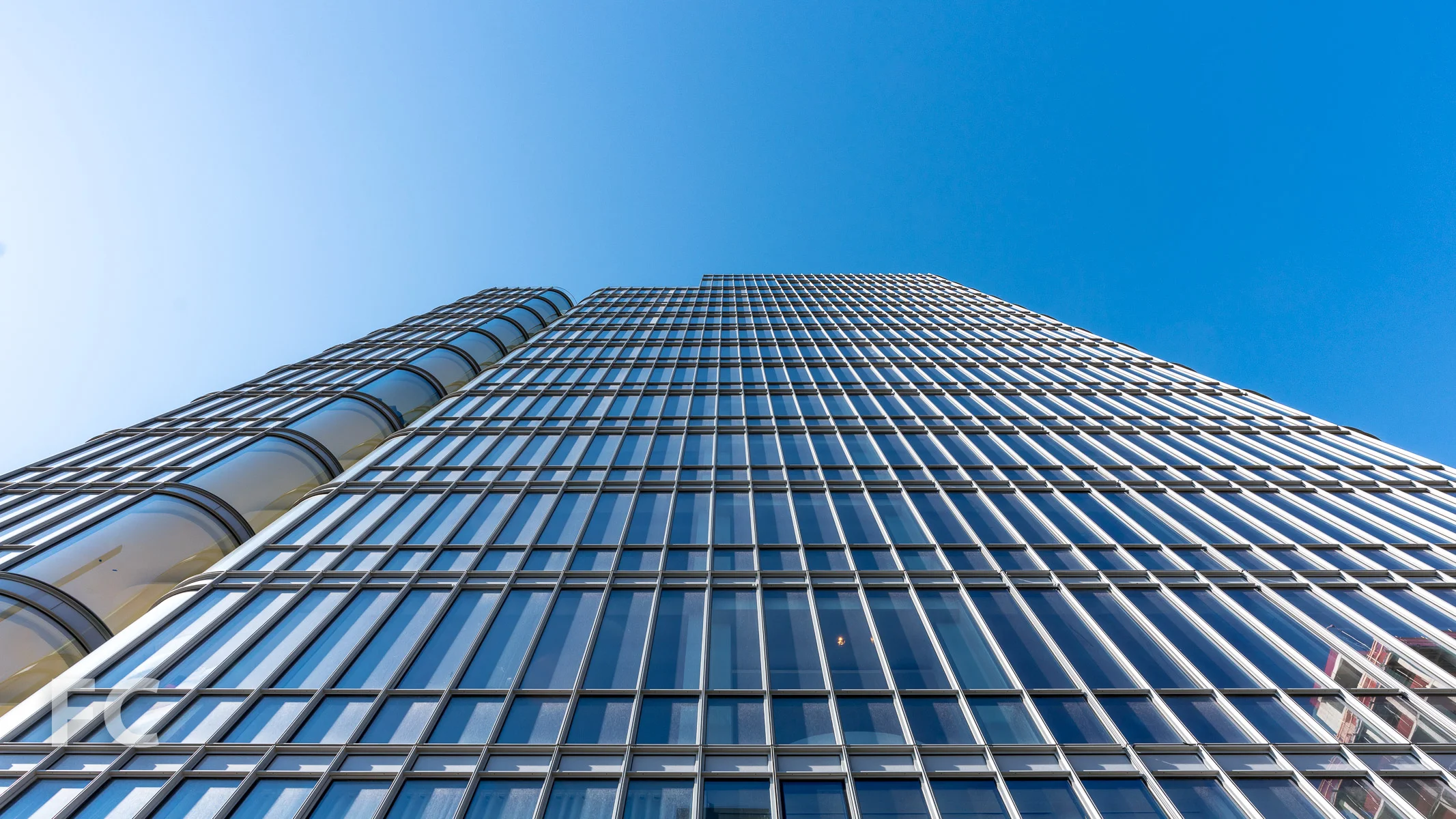 Looking up at the north facade from the terrace.