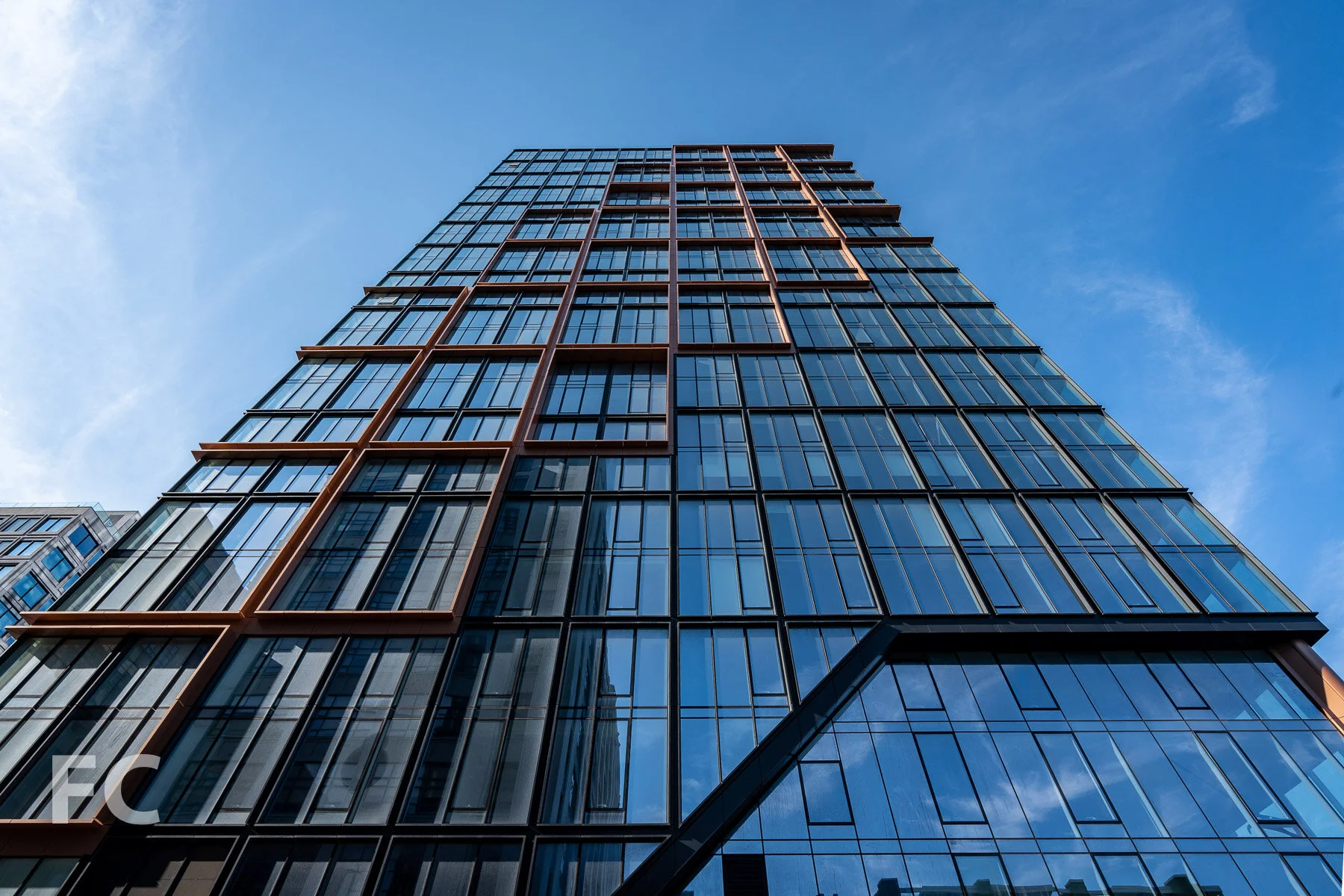 Looking up at the north facade of Quay Tower.