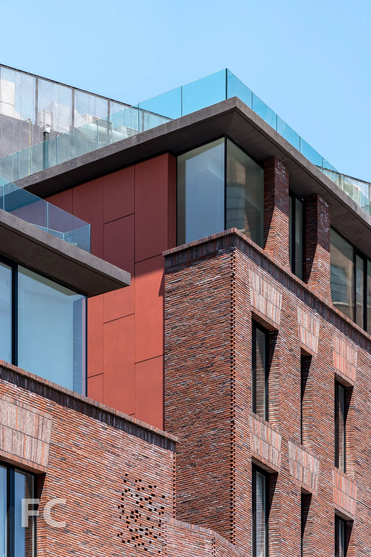 Southeast corner of the roof parapet.