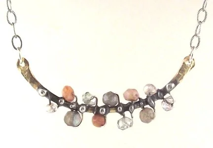 New arc pendant with raw pink opals, labradorite, mystic green quartz & pearlized rock crystal.