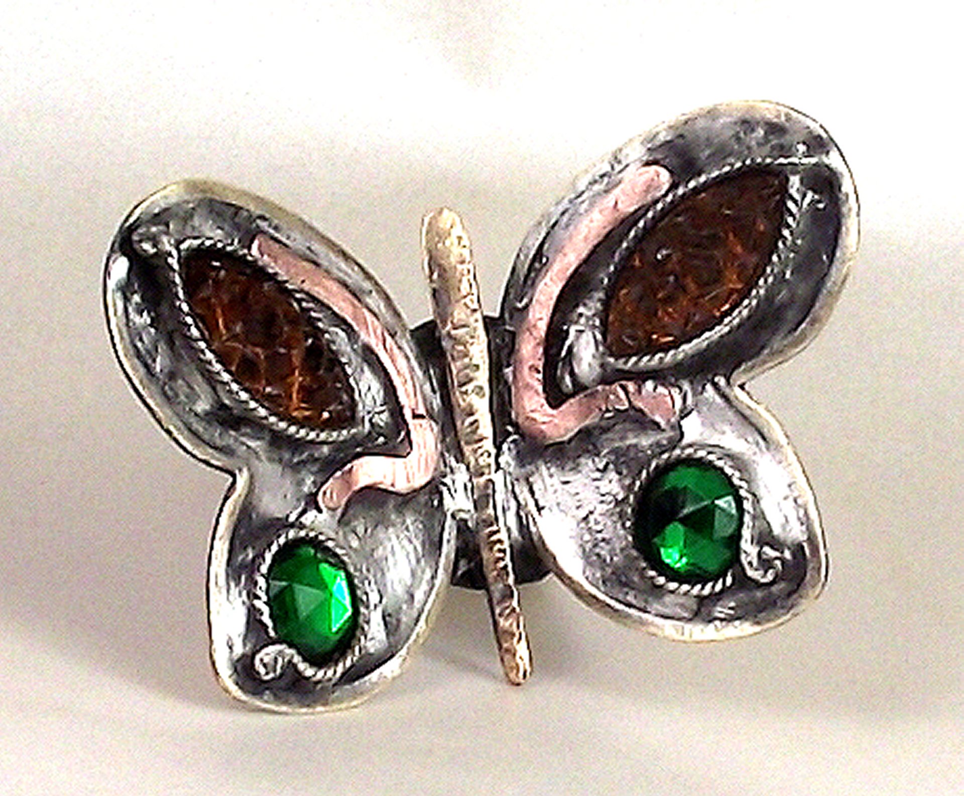 Hand-fabricated, mixed-metal butterfly ring set with vintage crystal navettes & rose-cut rounds.