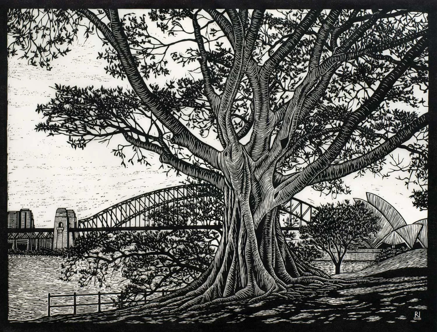 SYDNEY HARBOUR VIEW 42 X 55 CM EDITION OF 50 LINOCUT ON HANDMADE JAPANESE PAPER $1,050