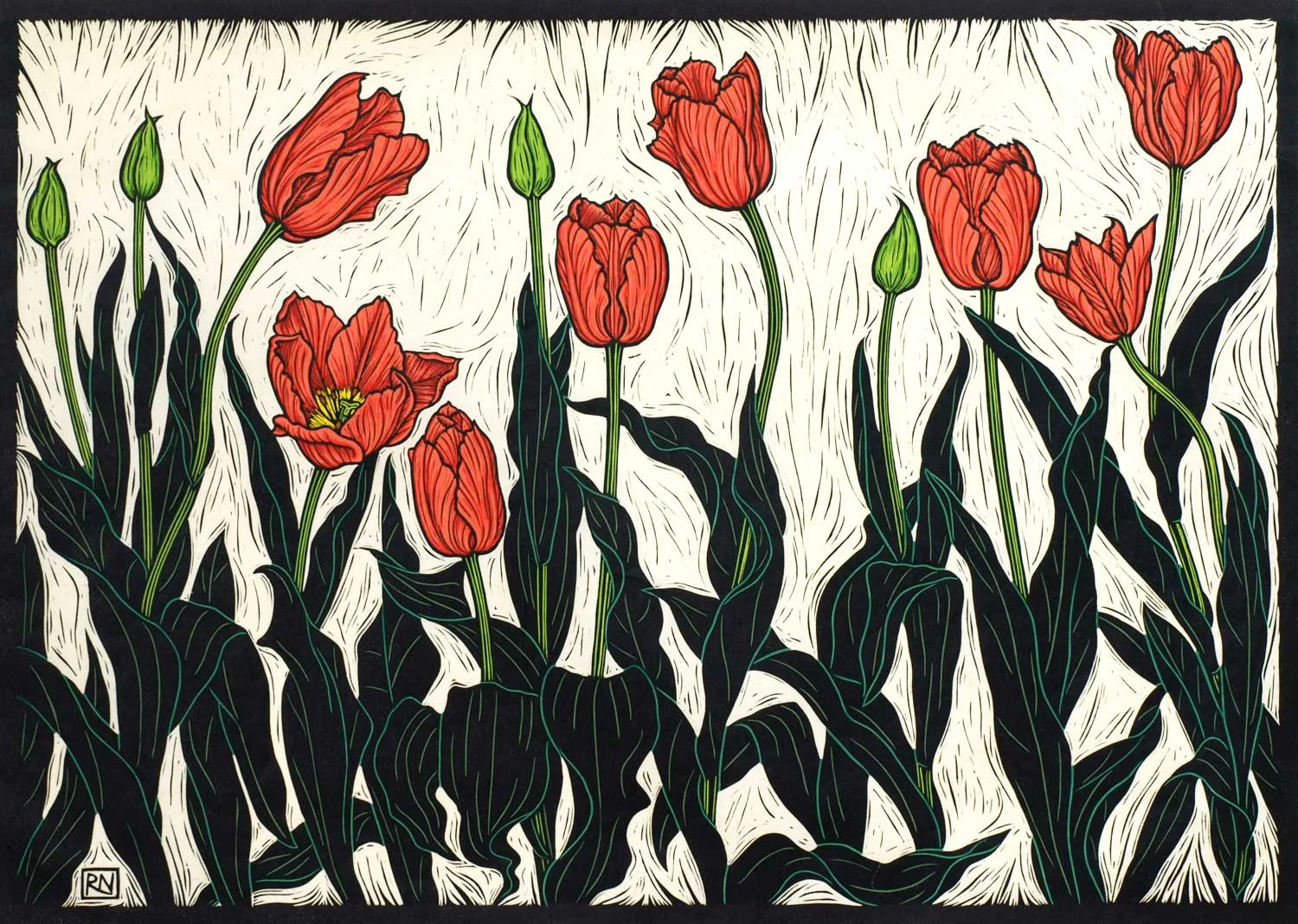 TULIPS 53 X 74 CM EDITION OF 50 HAND COLOURED LINOCUT ON HANDMADE JAPANESE PAPER $1,550