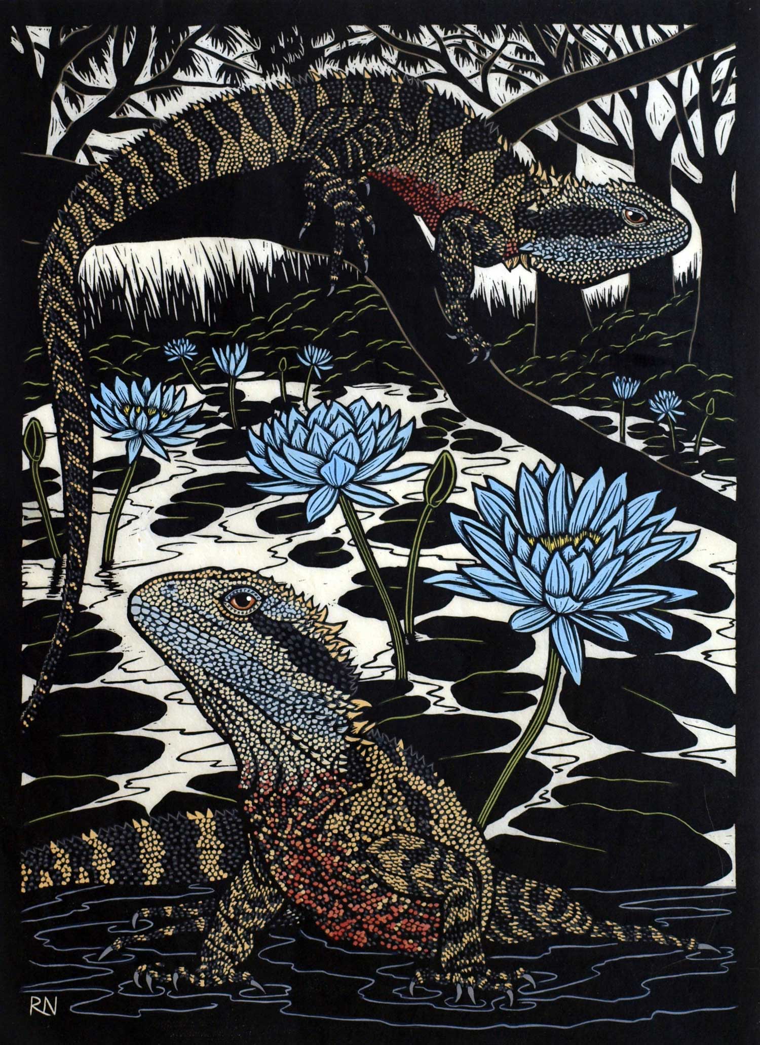 WATER DRAGON 49 X 35.5 CM EDITION OF 50 HAND COLOURED LINOCUT ON HANDMADE JAPANESE PAPER $1,100