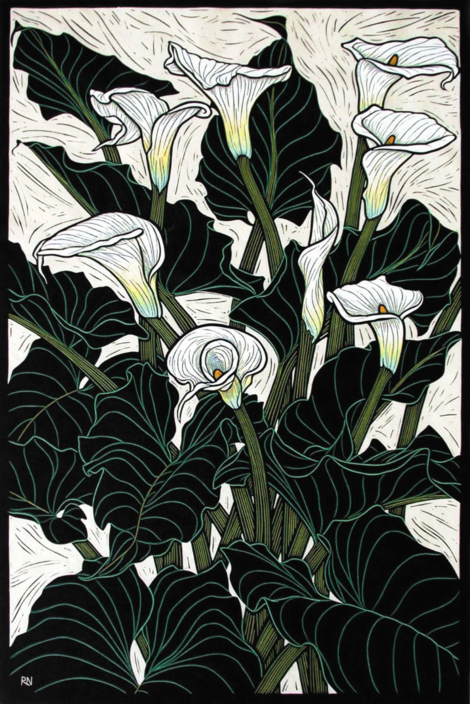 ARUM LILY 74.5 X 50 CM EDITION OF 50 HAND COLOURED LINOCUT ON HANDMADE JAPANESE PAPER $1,550