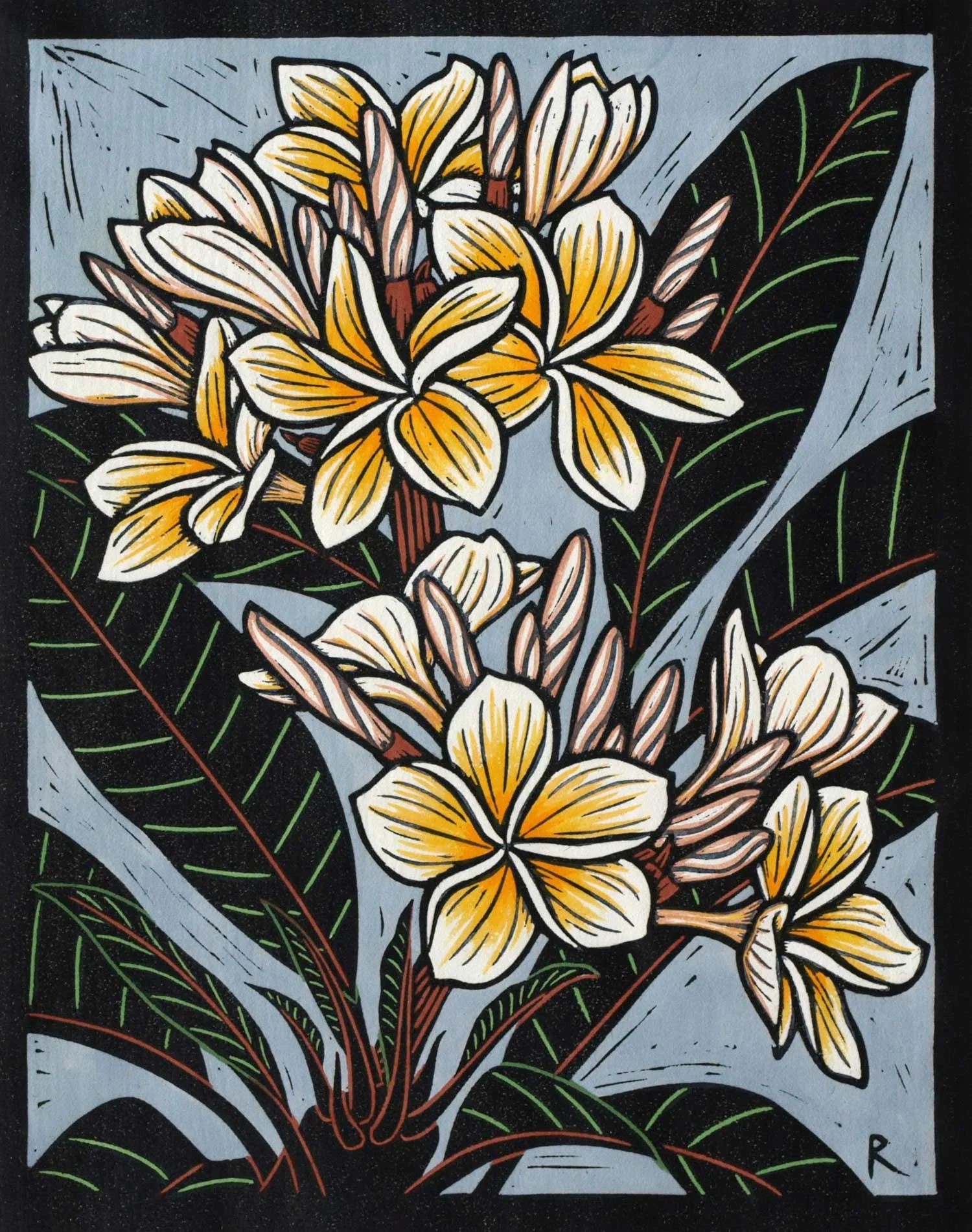 FRANGIPANI II 28 X 22 CM EDITION OF 50 HAND COLOURED LINOCUT ON HANDMADE JAPANESE PAPER $650