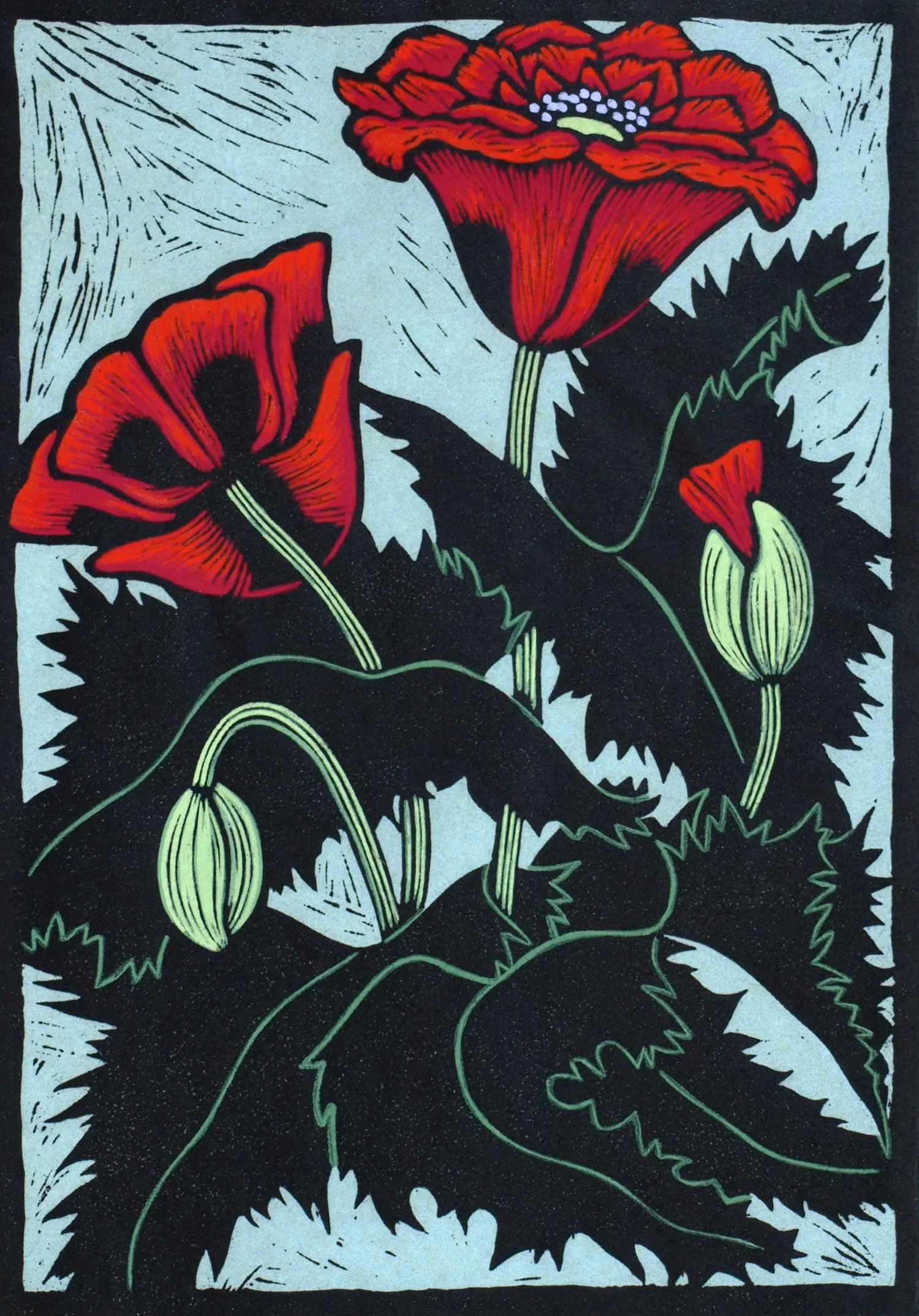 POPPY 25 X 17.5 CM EDITION OF 50 HAND COLOURED LINOCUT ON HANDMADE JAPANESE PAPER $550