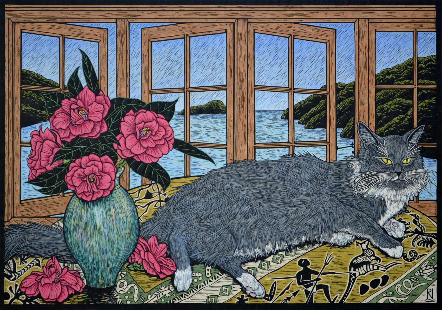 STILL LIFE WITH SQUIRREL 52 X 74.5 CM, EDITION OF 50 HAND-COLOURED LINOCUT ON HANDMADE JAPANESE PAPER $1,700
