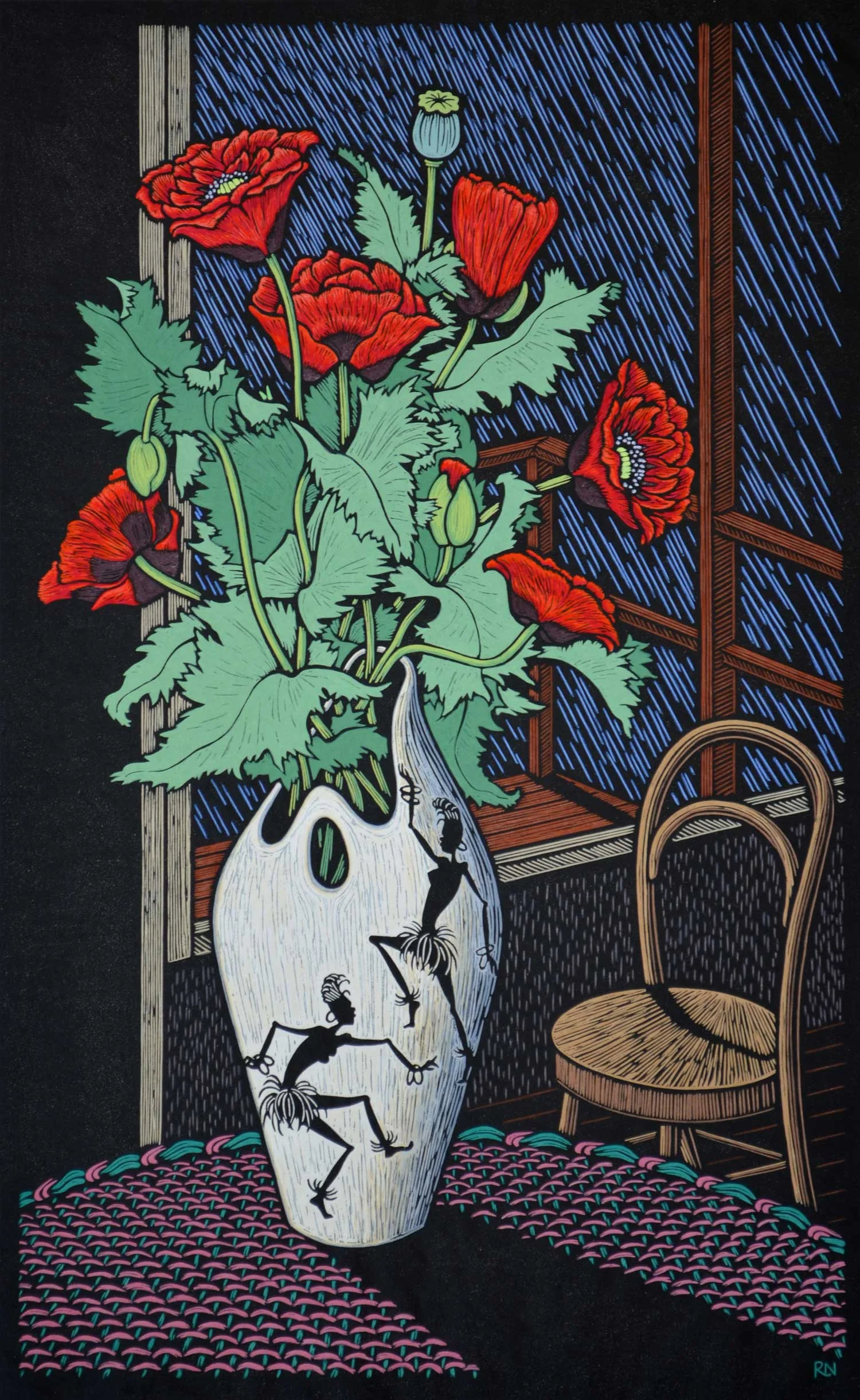 POPPY STILL LIFE 77 X 47.5 CM, EDITION OF 50 HAND-COLOURED LINOCUT ON HANDMADE JAPANESE PAPER $1,700