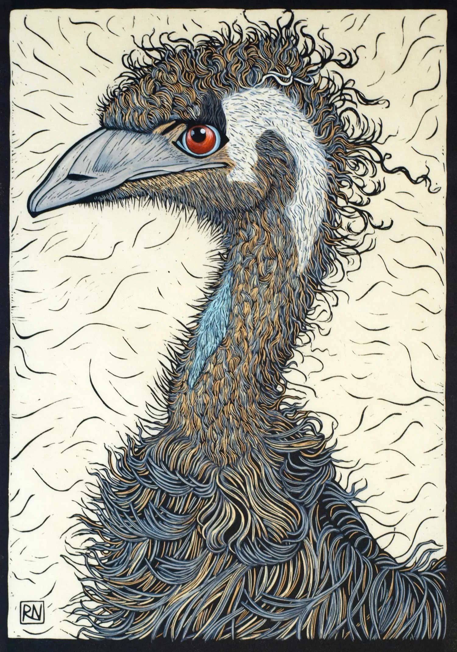 EMU 49 X 34 CM EDITION OF 50 HAND COLOURED LINOCUT ON HANDMADE JAPANESE PAPER $1,100