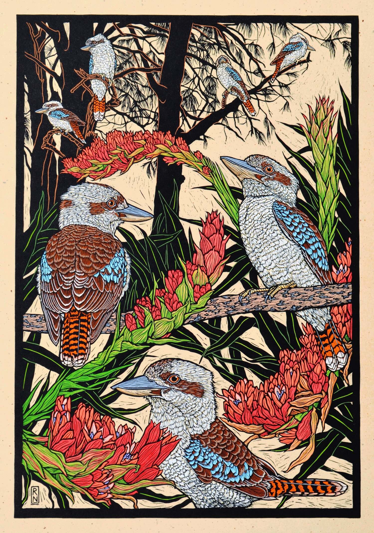 Kookaburra and Giant spear lily 75 x 51.5 cm, edition of 50 hand-coloured linocut on handmade japanese paper $1,700
