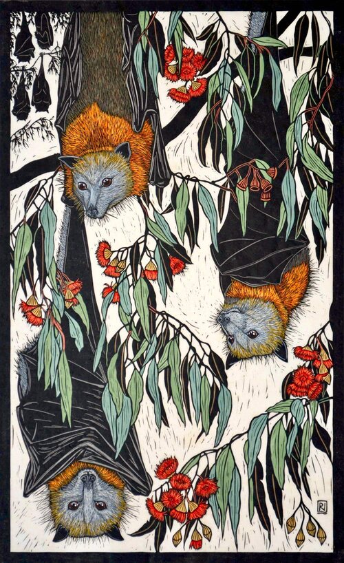 linocut of flying foxes