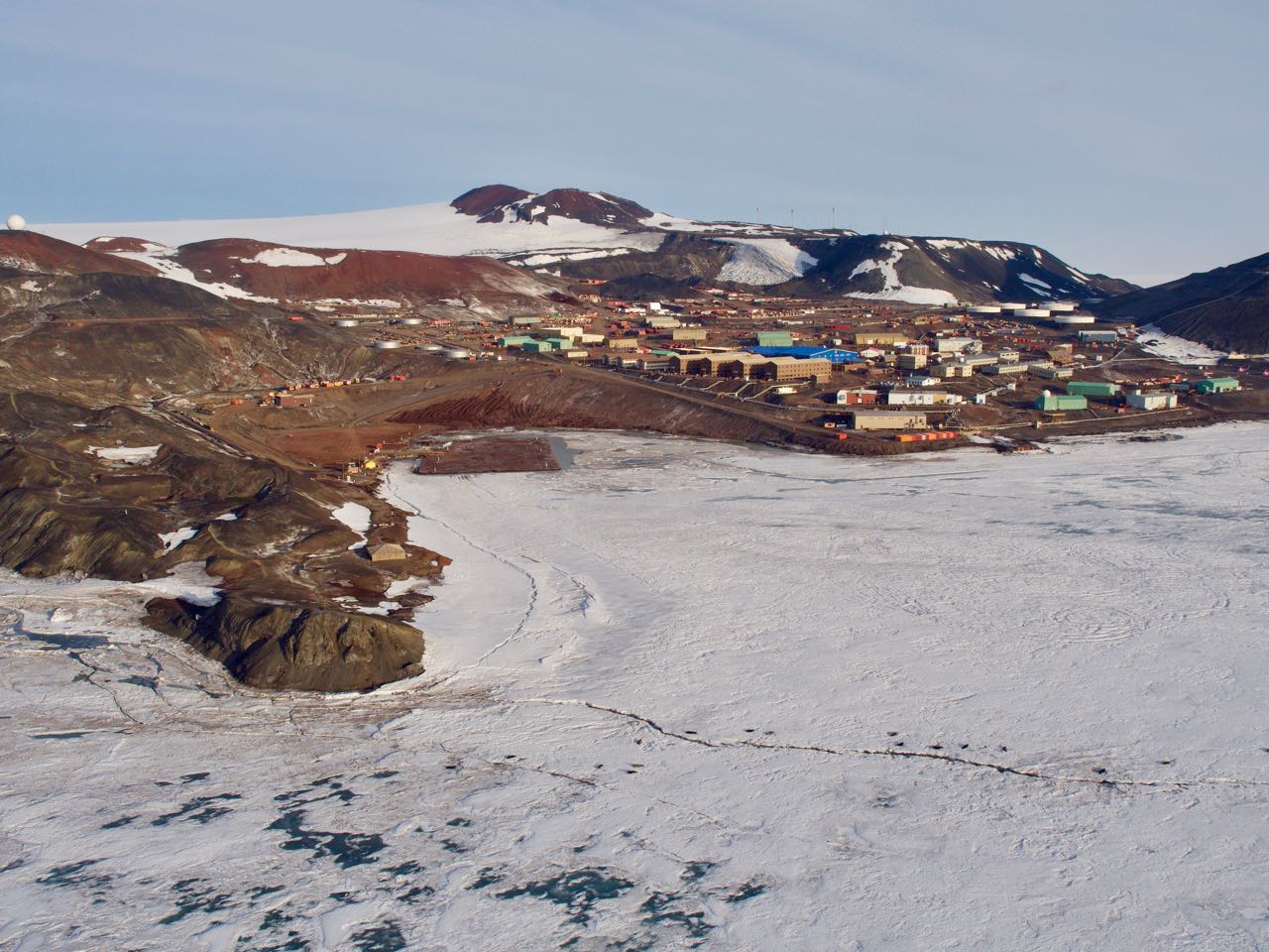 McMurdo station complete with the ice pier where the container ship will be unloaded (left).