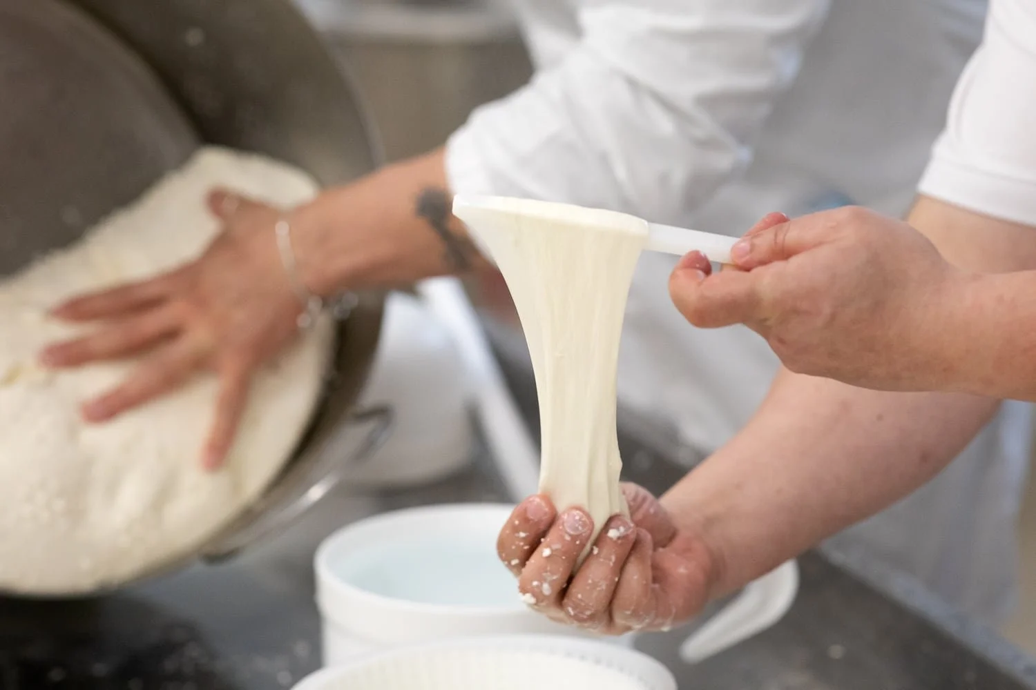 Étirement de la mozzarella fraîche dans l' atelier de production artisanale Mozzareine