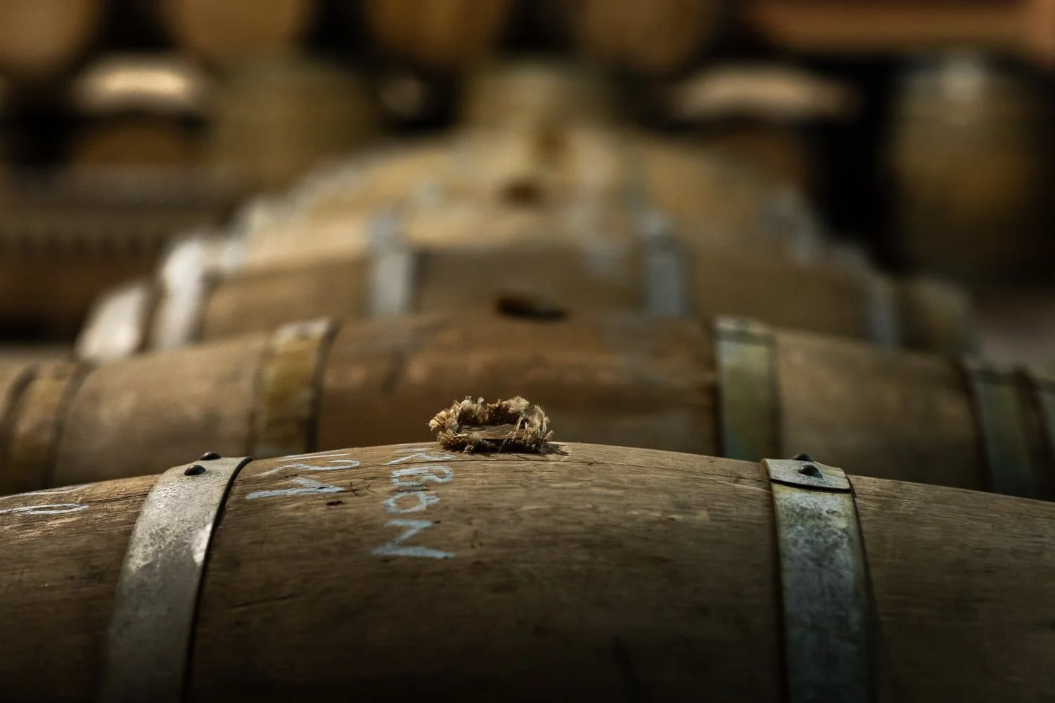 Chai de vieillissement avec fûts de whisky dans une distillerie artisanale