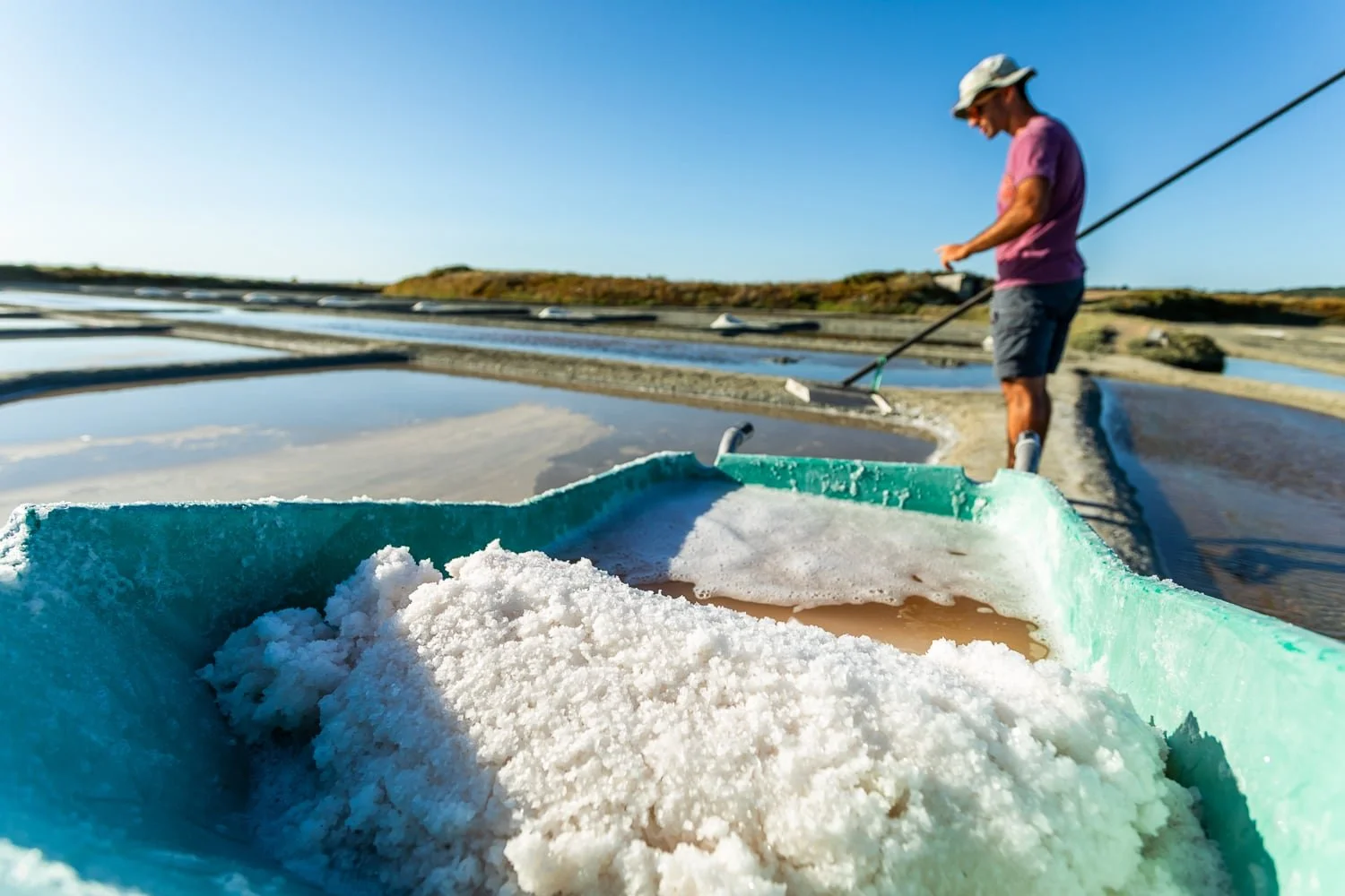 Tas de sel de Guérande avec paludier en train de travailler dans les marais salants