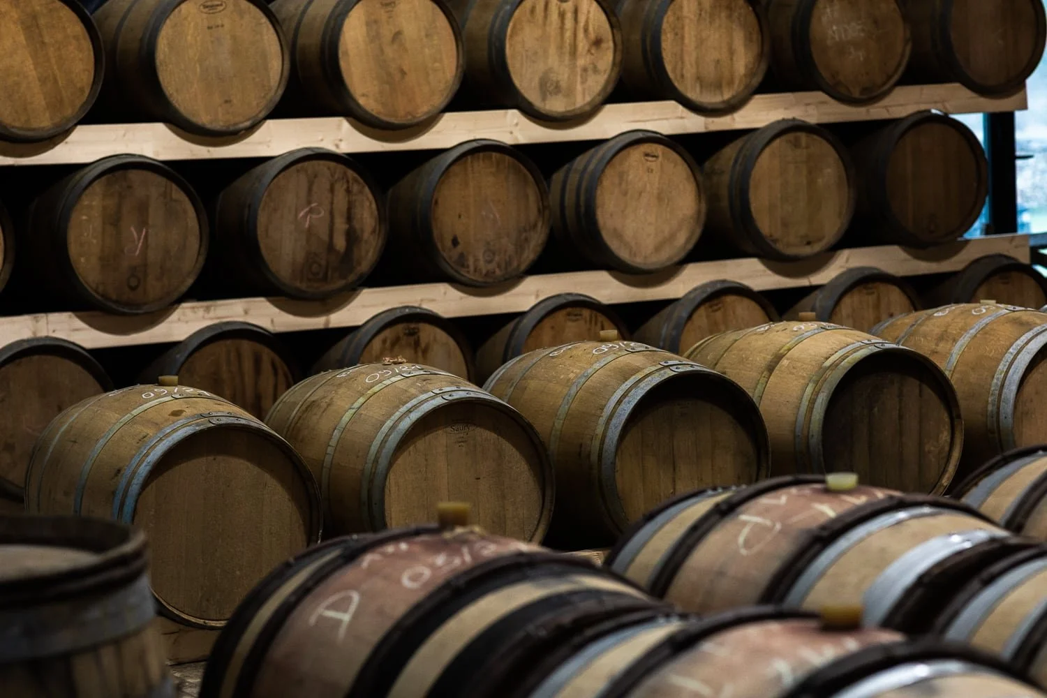 Rangée de fûts en bois de whisky 
dans un chai de vieillissement