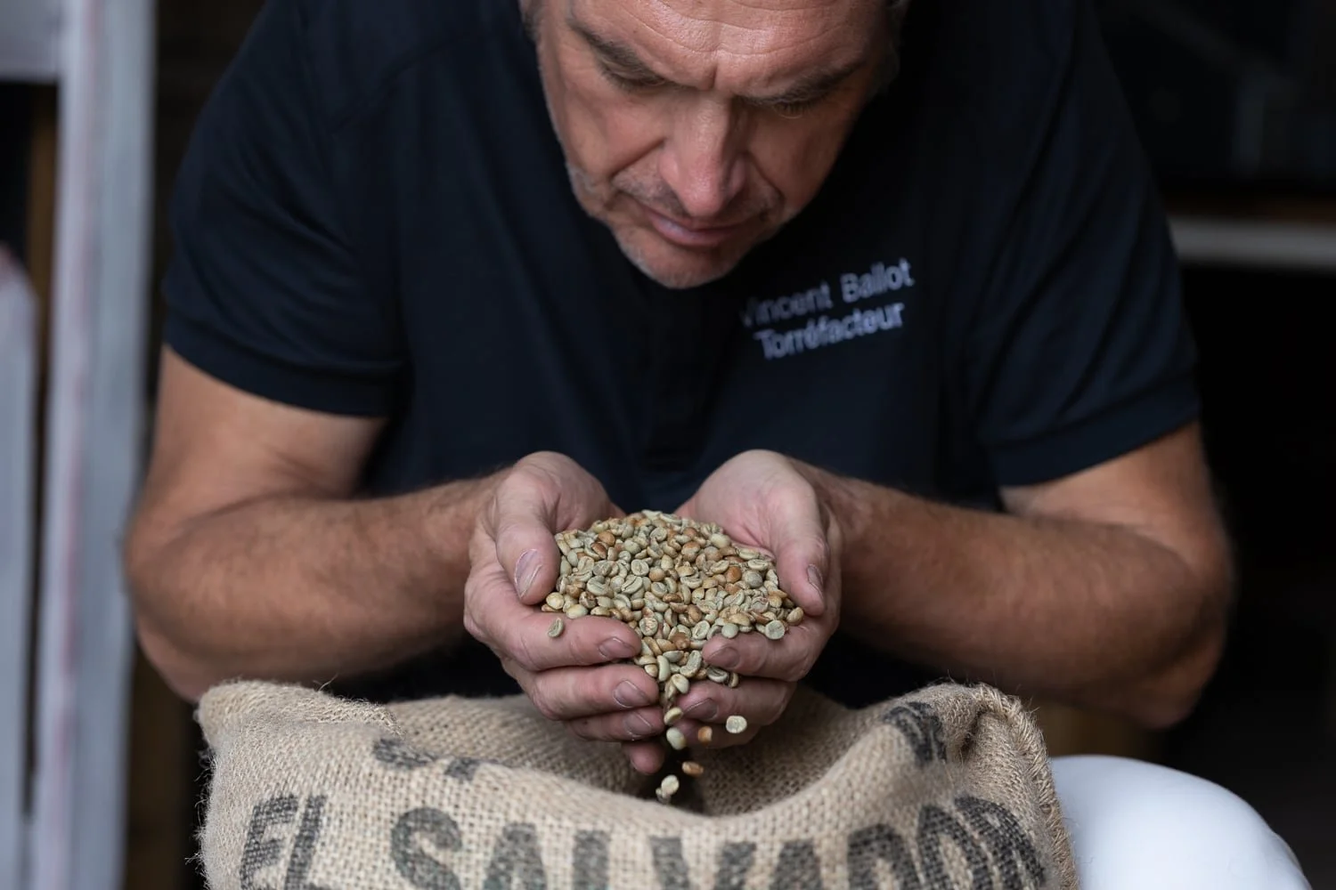 Etape d'inspection du café par Vincent Ballot torréfacteur artisanal et Meilleur Ouvrier de France.