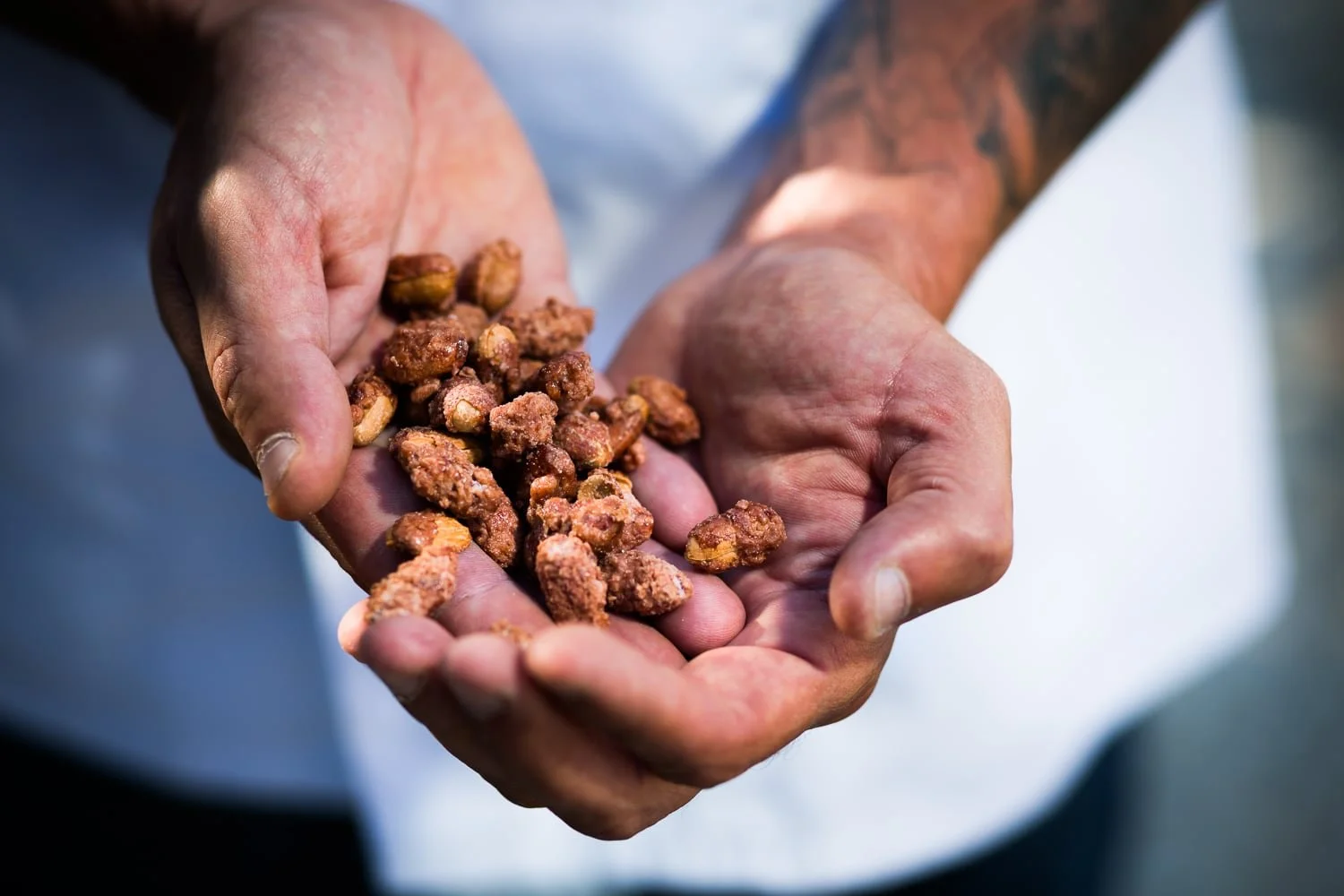 Pralines caramélisées dans les mains du producteur