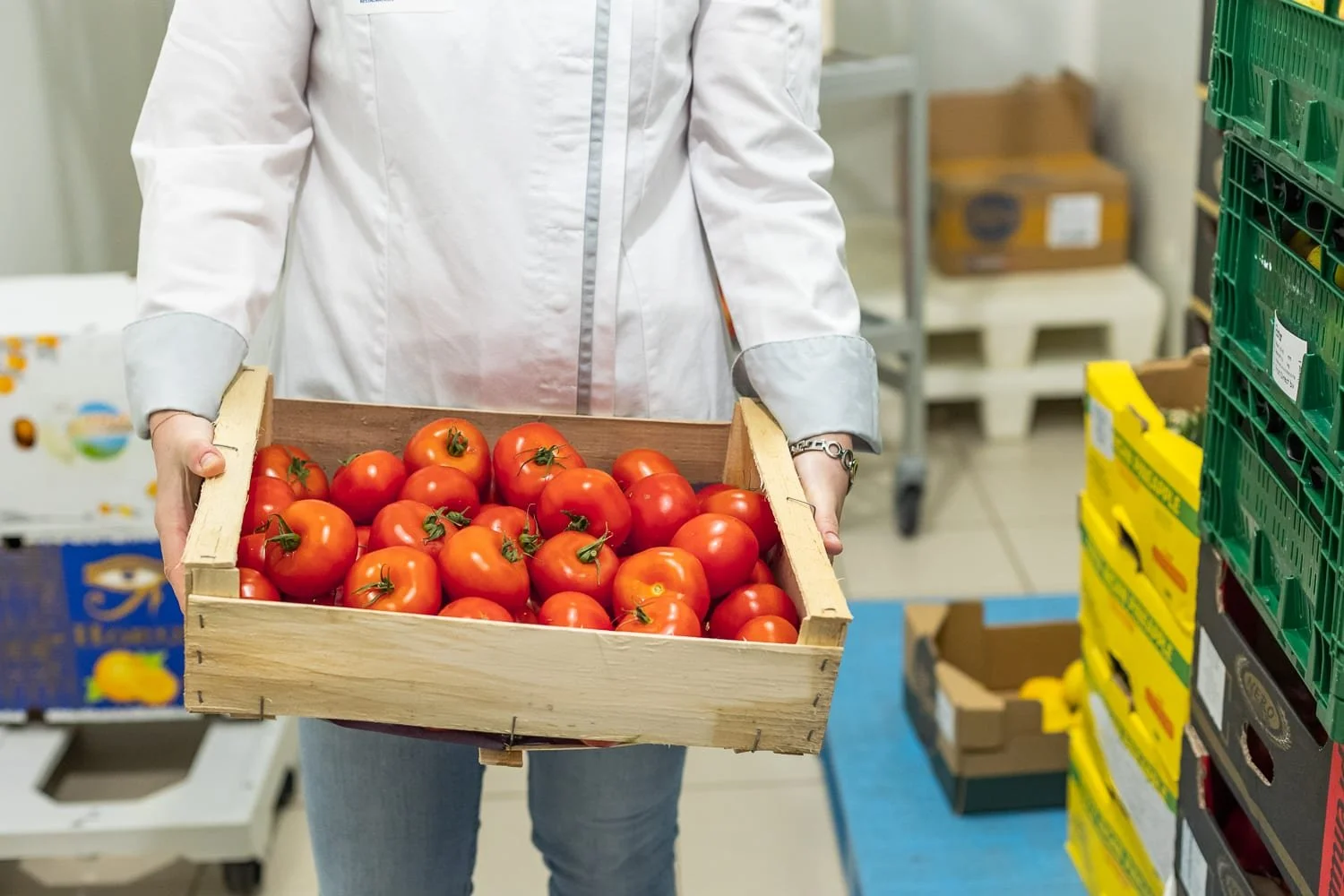 Cagette de tomates  portée dans les mains par une cuisinières en restauration collective